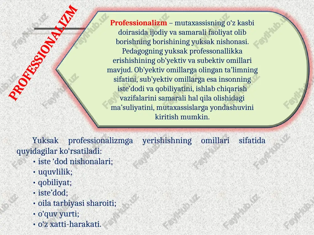 keltiramiz. professiogrammada muhim hislatlaridan borgan sari birmuncha ortib borishini hisobga olgan holda tarbiyachining quyidagi hislatlari ko’rsatib berishi lozim. 1) tarbiyachining shaxsiy hislatlari: - bolalarni yaxshi ko’rish, ularni sevish; - amaliy-psixologik aql-farosatlilik; - mehnatsevarlik; - jamoat ishlarida faollik; - mehribonlik; - kamtarlik; - odamiylik, dilkashlik; - uddaburonlik, mustahkam xarakterga ega bo’lish; - o’z bilimini oshirishga intilish. 2) kasbiga xos bilimi: - ta’lim va tarbiya jarayoni mohiyati bilan uning maqsad va vazifalarini tushunishi; - psixologiya asoslari, yosh psixologiyasi va pedagogik faoliyat psixologiyasi asoslarini bilishi; - etnopsixologik bilimlarni egallash; - hozirgi zamon pedagogikasi asoslarini bilishi; - hozirgi zamon pedagogikasining metodologik asoslarini egallanganligi; - bolalarning psixologik-pedagogik xususiyatlarini tushunishi; - mashg‘ulotlarni o‘tish metodikasini bilishi; - tarbiyalanuvchilarga tarbiyaviy ta’sir etishning samaradorligini bilishi; - ota-onalar va jamoatchilik bilan olib boriladigan tarbiyaviy ishlarning mazmunini bilishi. 3) o’z kasbiga xos hislatlari: - milliy mustaqil davlat mafkurasini tushunishi; - zamonaviy o’quv maskanida olib boriladigan o’quv-tarbiya jarayonida umuminsoniy boyliklar, milliy an’analar …