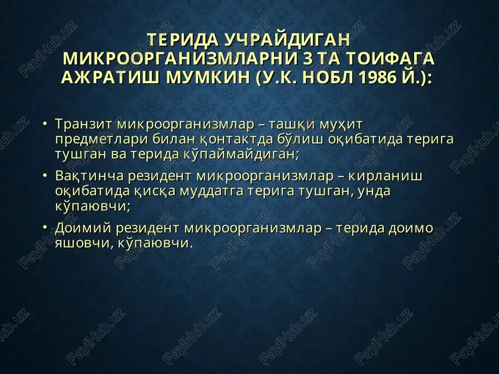 ng emirilib abstsesslanuvchi follikuliti va peri- follikuliti e) chandiqlanuvchi follikulit j) keloid xusnbuzar z) chaqmoq tezligidagi, tezkor akne k) boldirlarning pustulez va atrofik dermatiti l) blastomikozsimon piodermiya m) yuz piodermiyasi n) kollikvativ silga o'xshash piodermiya o) vegetatsiyalovchi piostomatit p) olat va moyak xaltasining gangrenasi stafilokokli piodermitlar stafilokokkli piodermitlarda kasallik jarayoni asosan terining hosilalarida – soch follikulalari, yog' va ter bezlarida rivojlanadi. stafilokokkli piodermitlarda pustula (madda) konus yoki yarimsharsimon shaklda, pustulalarning qobig'i nisbatan qalin, tarang bo'lib, ichidagi yiring qo'yiqroq, sariq-zangori tusdadir, markazida esa ko'pincha soch (tuk) ko'rinib turadi. faqat kichik yoshdagi bolalardagina stafilokokklar terida soch-yog' follikulalari va ter bezlariga aloqasi bo'lmagan, silliq terida joylashgan yuzaki pufaklar hosil qiladi. streptokokli piodermitlar streptokokklar stafilokokklarga o'xshab yog'-soch apparati va ter bezlarini jarohatlamay, balki silliq terini, ayniqsa burmalarni jarohatlaydi. streptodermiyalar, odatda yuzaki xarakterga egadir. shaffof suyuqlikli va periferik tarqalishga moyil, tarang bo'lmagan pufak-fliktena birlamchi element bo'lib hisoblanadi. nozik teriga ega bo'lgan bolalar va ayollar ko'proq …