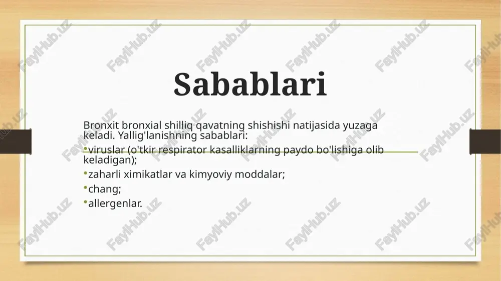 pidemiya vagtida unga garshi dori vositalari (rimantadin 100 mg kunda 2 marta va boshqalar) qabul gilish. davolash odatda, o'tkir bronxitga chalingan bemorlar gishloq vrachlik punkti yoki oilaviy poliklini -ka sharoitida davolanadilar. ularga issiq suyugliklar (limonli, malinali, asalli choy) ichish tavsiya etiladi. agar bemorda bronxiolit va nafas yetishmovchiligi rivojlansa, muolajalar shifoxona sharoitida olib boriladi. jarayon virusli infeksiya bilan bog'liq bo'lsa, ularga qarshi dorilar kasallik boshlangandan keyingi 24-48 soat ichida samarali. bunda kompleks davo bilan birga immunoglobulin 2-4 ml mushak orasiga 1-2 marta va interferon ishlatiladi. antibiotiklar bemor yoshi 50 dan katta bo lib, yiringli balg' am ajralganda buyuriladi. tanlov preparati sifatida makrolidlardan midekamistin 400 mg 2 marta 5-7 kun davomida, spiramistin 3 min xb 2-3 marta 7-10 kun, azitromitsin 500 mg kunda 1 marta 3 kun davomida tavsiya etiladi. alternativ preparatlardan aminopenitsillin (amoksitsillin 500 mg dan 3 marta 5-7 kun) ishlatiladi. balgam ko chiruvchi dori sifatida atsetilsistein, ambroksal, ishqorli ingalyatsiya tavsiya …