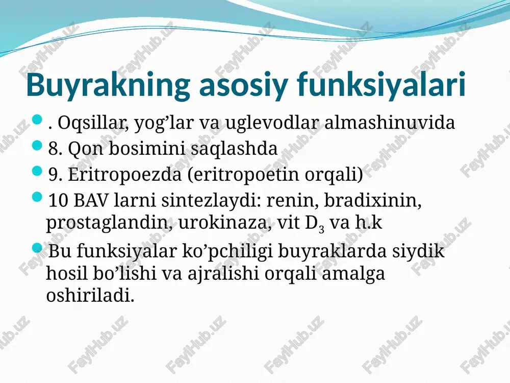 retsiyasi sekretsiya yo’li bilan asosan k+, h+ ionlari, yod tutuvchi preparatlar, siydik kislotasi, ko’pchilik antibiotiklar ajraladi. sekretsiya ichki gomeostazni, ph muhitini doimiy saqlashda ishtrok etadi, ya’ni organism uchun ortiqcha moddalar sekretsiyasi ↑, yetishmayotganlarniki esa aksincha ↓. masalan: atsidozlarda - atsidogenez: co2 + h2o karboangidraza→ h2co3 → h+ +hco-3: hco-3 + na → nahco3 ammoniogenez: nh3+ h+ → nh4 + tuzlar → ammoniy tuzlari va sekretsiya qismida. kanalchalar sekretsiyasining buzilishi sabablari: 1. kanalchalardagi distrofik va atrofik, nekrotik o’zgarishlar. 2. sekretsiyada ishtrok etuvchi fermentlarning irsiy yetishmovchiligi 3. siydik haydovchi preparatlar iste’mol qilganda, masalan: diakarb qabul qilinganida karboangidraza fermenti ingibirlanadi. yuqorida aytilgan jarayonlarning birontasi buzilishlaridan siydikning miqdor va sifat o’zgarishlari paydo bo’ladi. buyrak funksoinal holatining ko`rsatkichlari diurez siydikning solishtirma og`irligi siydikning patalogik tarkibi kliners ekstronenal o`zgarishlar: qondagi o`zgarishlar umumiy o`zgarishlar diurez diurez – bir sutka davomida ajraladigan siydik miqdori va normada 1,2-1,5 l atrofida bo’ladi. diurez o’zgarishining quyidagi turlari farq qilinadi: a) poliuriya …