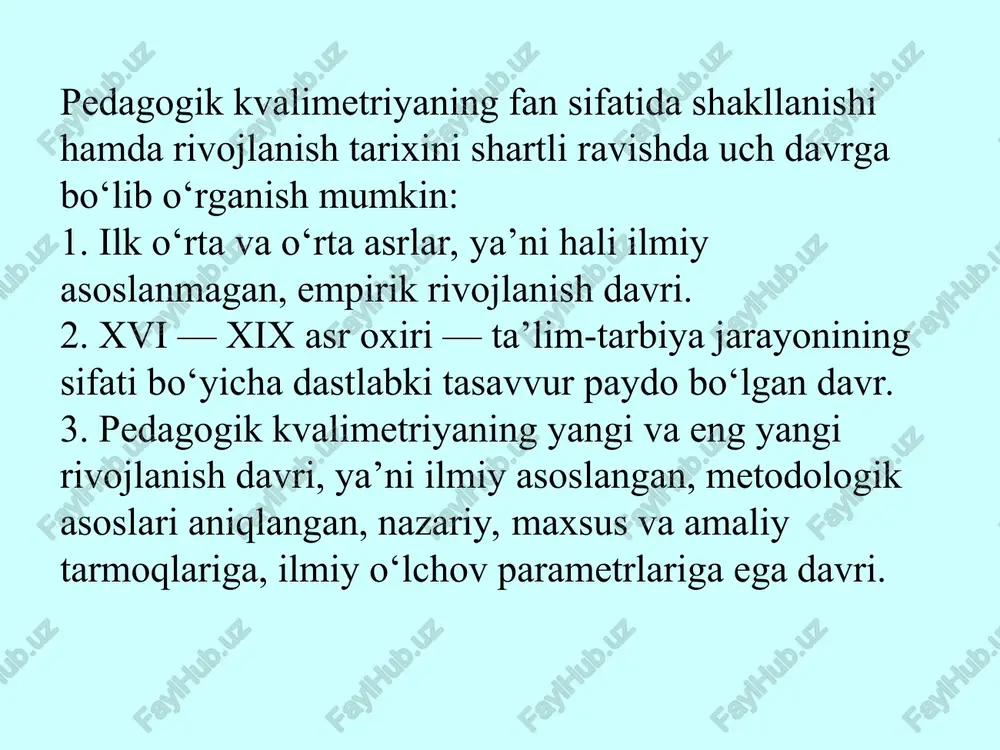 h. pedagogik kvalimetrik jarayonning deduktiv mantiqiy yo‘nalishda tashkil etilishiga oliy ta’lim muassasalarini attestatsiyadan o‘tkazish, akkreditatsiyalash, oliy ta’lim muassasalarining reytingini aniqlash jarayonlarini misol qilib olish mumkin. e’tiboringiz uchun rahmat!