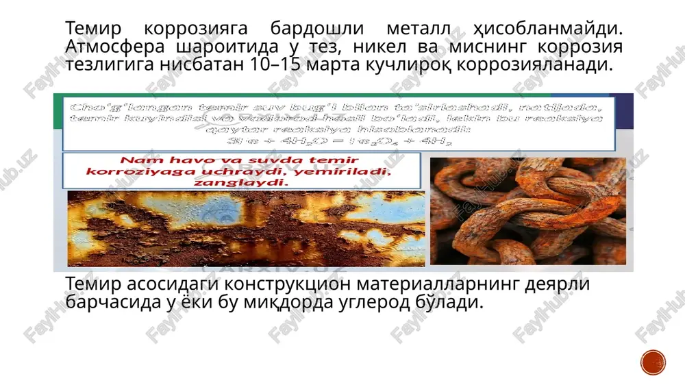 bardoshliligini oshiradi. • mo (molibden): temir, po'lat yoki qotishmalarga qo'shilsa, materialning issiqlik qarshiligini oshiradi. molibdenli po'latlar, misol uchun, yuqori haroratlarda ishlash uchun yaxshi mos keladi. • v (vanadiy): vanadiy po'latning qattiqligini va mustahkamligini oshiradi, ayniqsa yuqori haroratlarda ishlaydigan komponentlar uchun. • ti (titan): titan, po'latning kuchini oshiradi, shuningdek, uning og'irligini kamaytiradi va korroziyaga qarshilikni yaxshilaydi. legirlash jarayonlari: 1. qotishma tayyorlash: metall va legirlovchi elementlarni eritib, kerakli nisbatda aralashtirish. 2. termal ishlov berish: legirlangan metallni qizdirib, so'ngra sovutish yoki boshqa termal jarayonlar yordamida mexanik xususiyatlarni yaxshilash. 3. eritish: ba'zi hollarda, metallarni eritish va aralashtirishda yuqori haroratlar va uzoq vaqt davomida saqlash talab etiladi, shunda legirlangan komponentlar bir xil taqsimlanadi. qotishmalar turlari: • temir-qotishmalar (po'lat): eng keng tarqalgan legirlash turidir. po'latlar turli elementlar bilan legirlanadi, masalan, xrom, nikel, molibden va boshqalar. • alyuminiy-qotishmalar: alyuminiyga qo'shiladigan elementlar (masalan, magnezium, kremniy) uning kuchini, chidamliligini va korroziyaga qarshiligini oshiradi. • mis-qotishmalar: misga qo'shiladigan elementlar (masalan, …