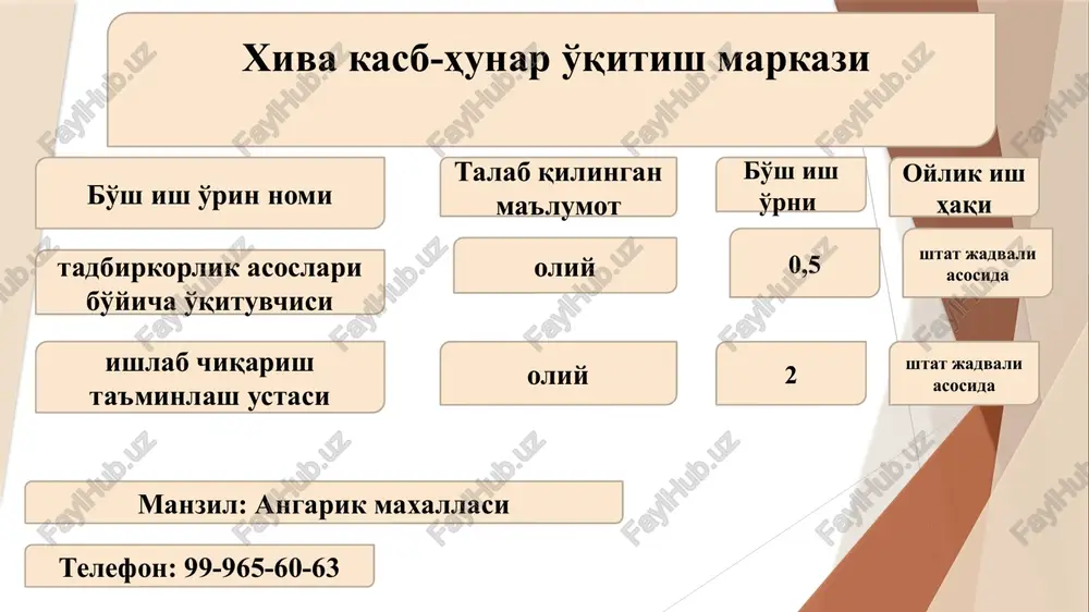 3 entomolog oliy xiva shahar 12-sonli umumiy o'rta ta'lim maktabi ( rus tilida olib boriladi) bo'sh ish o'rin nomi talab qilingan ma'lumot bo'sh ish o'rni oylik ish haqi manzil: gilamchi maxallasi telefon: 62-377-61-26 oliy 1 matematika fani o'qituvchisi shtat jadvali asosida xiva shaxar ogaxiy nomli ona tili va adabiyot fanlarini chuqur o'rgatiladigan ixtisoslashtirilgan maktab bo'sh ish o'rin nomi talab qilingan ma'lumot bo'sh ish o'rni oylik ish haqi manzil: qiyot maxallasi telefon: 99-429-59-18 taviriy sa'nat o'qituvchisi (2-toifali o'qituvchi oliy 0,4 862917 tarbiyachi (chet tillari va sharqtilarini bilishi kerak) oliy 0,7 1510104 0,3 647187 texnologiya fani o'qituvchisi (2-toifali o'qituvchi oliy xiva shaxar olimpiya va milliy sport turlari bo'yicha davlat ixtsoslashtirilgan maktab-internat bo'sh ish o'rin nomi talab qilingan ma'lumot bo'sh ish o'rni oylik ish haqi manzil: yangi xayot maxallasi telefon: 62-377-52-52 200000 tarix fani o'qituvchisi oliy 0,2 0,3 informatika o'qituvchisi oliy 300000 xiva shaxar 20-son umumiy o'rta ta'lim maktabi bo'sh ish o'rin nomi …