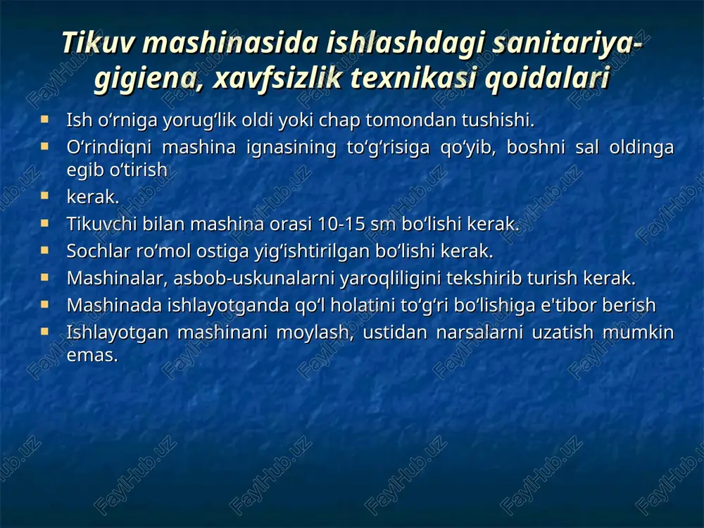 z pastroq. uzulishdagi uzayishi 22-30% yetadi. tolalar sariq alanga chiqarib yonadi. sintetik tolalar kapron tolasi hosil qilishda xom ashyo vazifasini murakkab kimyoviy birikmalardan fenol va benzol tashkil qiladi. kapron olishning eng taraqqiy etgan yo’llari bu fenol orqali bo’lib , tosh ko’mirning quruq holda haydashdan hosil qilinadi. kapron ham boshqa kimyoviy iplar singari butun ip va kalta tola shaklida ishlatiladi. kaprondan turli xildagi yengil gazlamalar, bezak tasmalar, trikotaj buyumlari uchun ishlatiladi. tola holdagi kapron jun va paxta tolalari bilan yigiriladi, hosil bo’lgan ipdan ko’ylakli va ustki kiyimli gazlamalar olinadi. lavsan tolasini ikkilangan metilli efirni teraftal kislotasi bilan birikmasidan olinadi. uning olinishi yo’li huddi kapron singaridir. lavsan tolasi jun, paxta va kanop tolalari hamda tabiiy ipakning yigirishga moslangan tolalari bilan birgalikda ishlatilib turli xildagi gazlamalar olishda ishlatiladi. butun ip shaklida esa tikuv mashinalari uchun ip tayyorlanadi. nitron tolasi uchun xom ashyo vasifasini akril-nitril eritmasi bajaradi. bu eritma polimerlashtirish reaksiyasini o’tab maxsus qotishmaga …