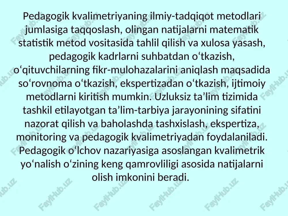 ik jarayonni kuzatish va tahlil qilish. 4. so‘rovnoma o‘tkazish 5. test topshiriqlari. 6. suhbat metodi. 7. matematik-statistik tahlil qilish. 8. umumlashtirish. test topshiriqlarining qiyinlik darajasi mezoni o‘rganilayotgan ob’ektning xususiyatlarini o‘zida to‘liq aks ettirib, u talabalar tomonidan mazkur xususiyatlarni aniqlash uchun bajaradigan aqliy operatsiyalariga ko‘ra: ➢ reproduktiv daraja; ➢ produktiv daraja; ➢ qisman-izlanishli daraja; ➢ ijodiy (kreativ) darajada bo‘lishi mumkin. nostandart testlar mazmuni va mohiyatiga ko‘ra quyidagi guruhlarga ajratiladi: 1. integrativ testlar; 2. adaptiv testlar; 3. mezonli-mo‘ljal olish testlari. e’tiboringiz uchun rahmat!
