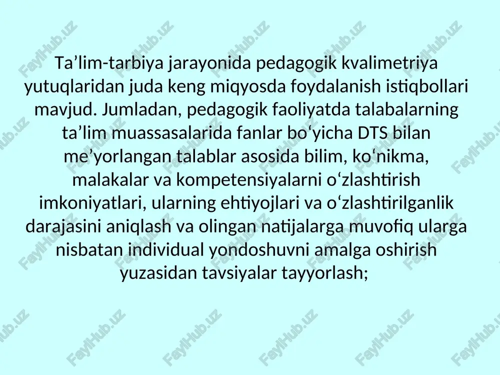 a tuzilishi va har bir topshiriqning qiyinlik darajasi topshiriq pasportida ko‘rsatilishi kerak:  oson (reproduktiv) (i)-talabalar tomonidan o‘quv materiali qayta ishlanmasdan, ularning xotirlash qobiliyatini aniqlovchi, hodisa, voqea, qonun va atamalarning mohiyatini bilishni talab qiladigan daraja;  o‘rtacha qiyin (produktiv) (ii)-talabalardan ob’ektlarni tahlil qilish, sintezlash, taqqoslash, bir nechta qonun va qonuniyatlarni bir vaqtda qo‘llab, umumlashtirish orqali xulosa yasashni talab qiluvchi daraja;  qiyin (qisman-izlanishli) (iii)-talabalar tomonidan avval o‘zlashtirilgan bilim, ko‘nikma va malakalarni yangi kutilmagan vaziyatlarda qo‘llash, ob’ektlarni tahlil qilish, sintezlash, qiyosiy taqqoslash, qonun va qonuniyatlarni qo‘llab, umumlashtirish orqali xulosa yasashni talab qiluvchi daraja;  eng qiyin (kreativ) (iv)-talabalar tomonidan avval o‘zlashtirilgan bilim, ko‘nikma va malakalarni kutilmagan vaziyatlarda vujudga keltirilgan o‘quv muammolarni hal etishda qo‘llash, tahlil, sintezlash, qiyosiy taqqoslash, umumlashtirish, xulosa yasash kabi aqliy operatsiyalarni bajarishni talab qiluvchi daraja;  test topshirig‘ining savoli aniq, lo‘nda, qisqa ifodalangan bo‘lishi, unda zaruriy muhim ma’lumotlar keltirilishi, keraksiz, ortiqcha so‘zlarni ishlatmaslik, shuningdek, savol ikki xil ma’noni …