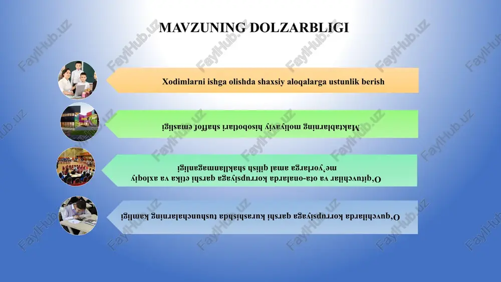 hi va o’quvchilarning huquqiy ongi va madaniyatini oshirish kerak. huquqiy savodxonlik mavzusida o’quv seminarlari tashkil etish zarur 3 umumta’lim maktablarida korrupsiyaga qarshi anonim shikoyat qilish umkoniyatlari mavjud emas avstraliyada o‘quvchilar, ota-onalar va xodimlar korrupsiyani aniqlash yoki uning oldini olish uchun anonim ravishda shikoyat qilishlari mumkin bo‘lgan tizimlar mavjud. umumta’lim maktablarida ota-onalar va o‘quvchilar uchun anonim so‘rovnoma olish uchun imkoniyatlar yaratish kerak 9 mavzuni qiyosiy tahlil etilganligi 9 10 xulosa ko‘rib chiqilganidek, korrupsiya muammosi barcha davlatlar va xatto eng rivojlangan mamlakatlarning ham umumiy muammosi. korrupsiyaning oldini olish kuchli bashqaruv tizimi, jamoatchilik ishtiroki va shaffoflikni ta’minlash talab etiladi. maktablarda korrupsiyani oldini olish nafaqat ta’lim tizimini yaxshilaydi , balki jamiyatda adolat, ishonch va axloqiy tamoyillarni mustahkamlaydi. 10 11 taklif: 01 02 03 04 maktablarda dars taqsimotida korrupsayiv holatlarnu oldini olish uchun xar bir metodbirlashma rahbarlari bilan darslarni shaffof va adolatli taqsimlash. ta’lim sifati uchun salohiyatli kadrlarni tanlash va ishga qabul qilishda korrupsion holatlarning …