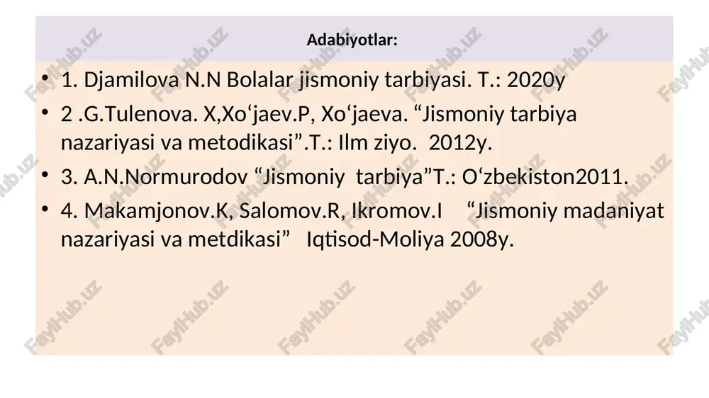 dan tozalash. to'g'ri tuzilishni saqlash. burun orqali olinadigan havoni etarli va yaxshi olish. kiyimga e'tibor berish. jismoniy va ruhiy harakatlarni tartibga solish (shu harakat jumlasiga uyqu va uyg'oqlik ham kiradi). maktabgacha tarbiya yoshidagi bolalar jismoniy tarbiyasining vazifalari. sog'lomlashtirish vazifalari. ta'limiy vazifalar. tarbiyaviy vazifalar. jismoniy tarbiya vositalari gigienik omillar. tabiatning tabiiy kuchlari. (quyosh, havo, suv) jismoniy mashqlar. xilma-xil faoliyat turlari. massaj gigienik omillarga:a) mashg'ulotlar rejimi; b) dam olish;v) ovqatlanish;g) uyqu;d) kiyim bosh, poyabzal;e) jismoniy jihozlar, xonalar, maydonchalar… kiradi. sog’lomlashtirish ishlari. sayr vaqtidagi jismoniy mashqlar va harakatli o'yinlar bolalar bilan yakka tartibda ish olib borish. bolalarning mustaqil harakat faoliyati.bolalarning faol dam olishi jismoniy mashqlar bilan birga amalga oshiriladigan chiniqtirish tadbirlari.havo vannalari, suv tadbirlari, quyosh vannalari maktabgacha ta'lim muassasalarida jismoniy tarbiya tizimini - kun tartibi, jismoniy tarbiya mashgulotlari, chiniktirish (tabiiy va sun'iy), ixtiyoriy jismoniy mashklar, madaniy-gigienik kunikmalar, ertalabki badantarbiya, kuvnok daxixalar, gimnastika va sport uyinlari tashkil etadi sayr vaqtidagi jismoniy mashqlar va harakatli …