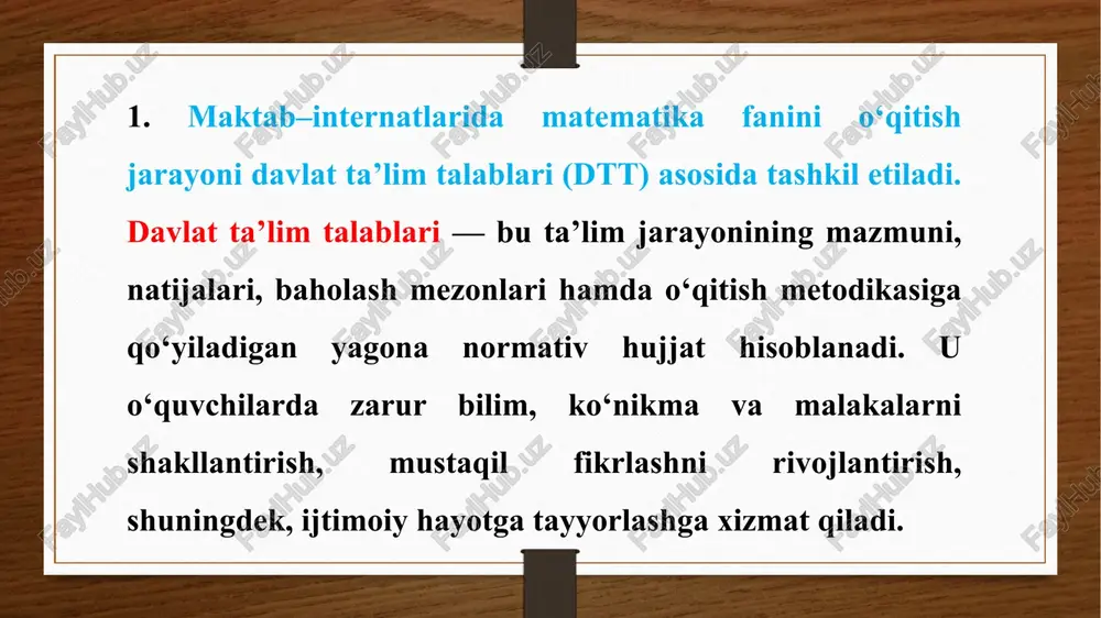 amaliy mashg‘ulotlar, ko‘rgazmali vositalar, predmetli o‘yinlar orqali o‘rgatiladi. 3. moslashtirish xususiyatlari moslashtirilgan ta’lim mazmunida quyidagilarga e’tibor beriladi: o‘quv materiali soddalashtirilgan, lekin mazmunan boy bo‘lishi lozim; o‘qitish jarayonida vizual materiallar, didaktik o‘yinlar va sensor tayanchlardan keng foydalaniladi; har bir o‘quvchining individual rivojlanish darajasi inobatga olinadi; baholash jarayonida o‘quvchi yutuqlarini kuzatish, rag‘batlantirish va differensial yondashuv asosiy o‘rinda turadi. 3.moslashtirilgan ta’lim talablari asosida matematika fanini o‘qitishning asosiy maqsadi — har bir o‘quvchining shaxsiy imkoniyatlarini hisobga olgan holda, ularda zarur matematik bilim, ko‘nikma va malakalarni shakllantirish hamda mantiqiy fikrlashni rivojlantirishdan iboratdir. differensial individual integrativ yondashular o‘qitish jarayonini tashkil etish usullari : 1. o‘qitish jarayonini individuallashtirish har bir o‘quvchining qobiliyati, bilish faolligi, eslab qolish darajasi va aqliy faoliyati turlicha bo‘lganligi sababli, ta’lim mazmuni va metodlarini individuallashtirish muhimdir. o‘qituvchi o‘quvchilarning psixologik xususiyatlarini aniqlab, shunga mos metodik yondashuvni tanlashi lozim. masalan, ayrim o‘quvchilar uchun topshiriqlar soddalashtirilgan, ko‘rgazmali vositalar bilan boyitilgan shaklda beriladi; boshqalarga esa mustaqil izlanish yoki …