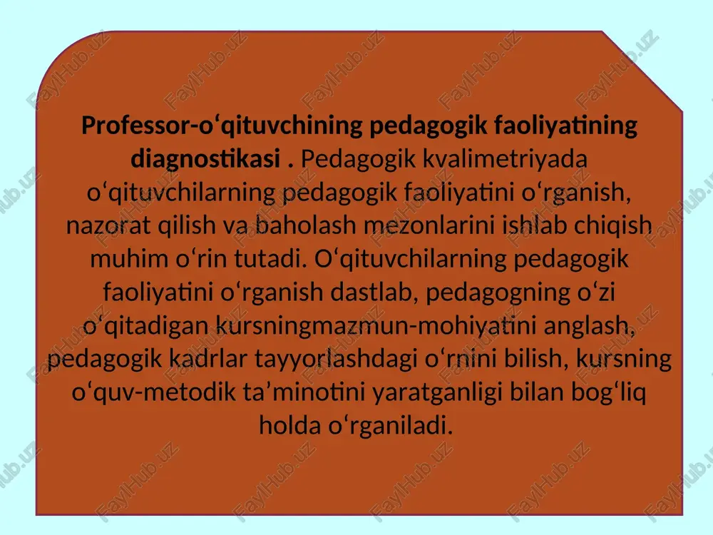 tish va boshqarish koʼnikmalari, oʼzini tutishi, mimikasi, his - hayajonini boshqara olishi, talabalarga nisbatan pedagogik (avtoritar yoki insonparvarlashgan) munosabati. e’tiboringiz uchun rahmat!