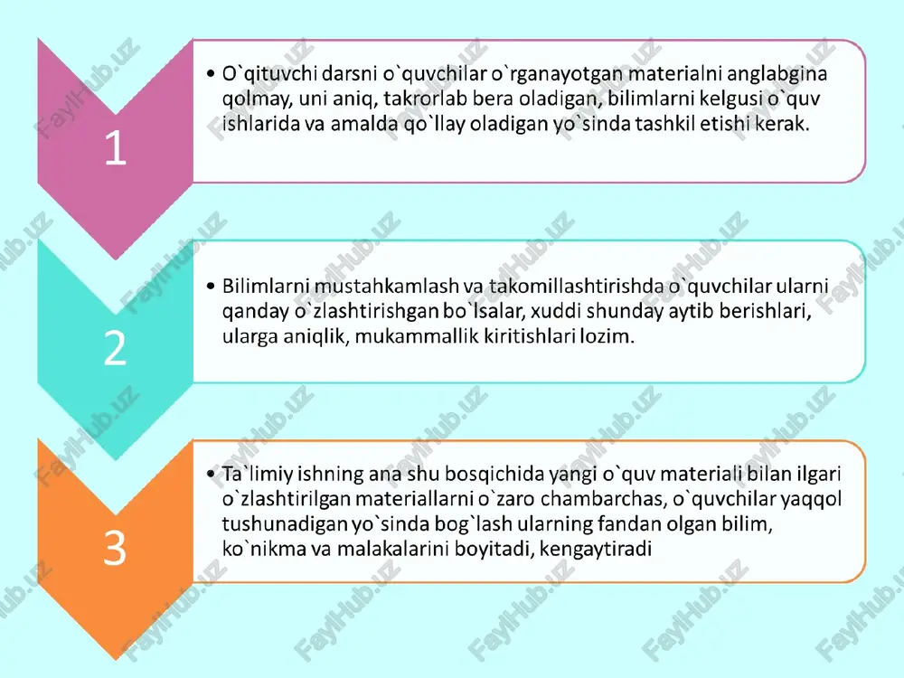tqi, diqqat be`tibori hamda irodasining kuchli va bo`sh tomonlarini aniqlaydi. u o`quvchilarning qiziqishi, mayli, qobiliyati va layoqatini o`rganadi, har bir o`quvchi shaxsining rivojlanishi va ijobiy fazilatlar hosil bo`lishi to`g`risida g`amxo`rlik qiladi. e’tiboringiz uchun rahmat!