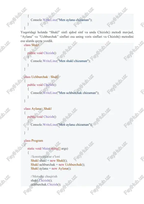 shakl chizaman"); } } ​ class uchburchak : shakl { public override void chizish() { console.writeline("men uchburchak chizaman"); } } ​ class aylana : shakl { public override void chizish() { console.writeline("men aylana chizaman"); } } ​ class program { static void main(string[] args) { //konstruktorlar e'loni shakl shakl = new shakl(); shakl uchburchak = new uchburchak(); shakl aylana = new aylana(); ​ //metodni chaqirish shakl.chizish(); uchburchak.chizish(); aylana.chizish(); ​ console.readkey(); } } } xatolarimizni hal qila oldikmi ? natija xayriyat, endi natija biz xohlagan ko’rinishda ! abstraksiya olamiga sayohat yuqorida biz geometrik shakl deganda aynan bir shakl ko’z oldimizga kelishini va uni chizish mumkin emasligini tushunib yetdik. demak, “shakl” sinfi mavhum (abstract) sinf va uning “chizish” metodi ham mavhum (abstract). voris sinflarda esa bu metodning qiladigan ishi tayin. namespace polymorphismdemoapp { abstract class shakl { public abstract void chizish(); } ​ class uchburchak : shakl { public override void chizish() …