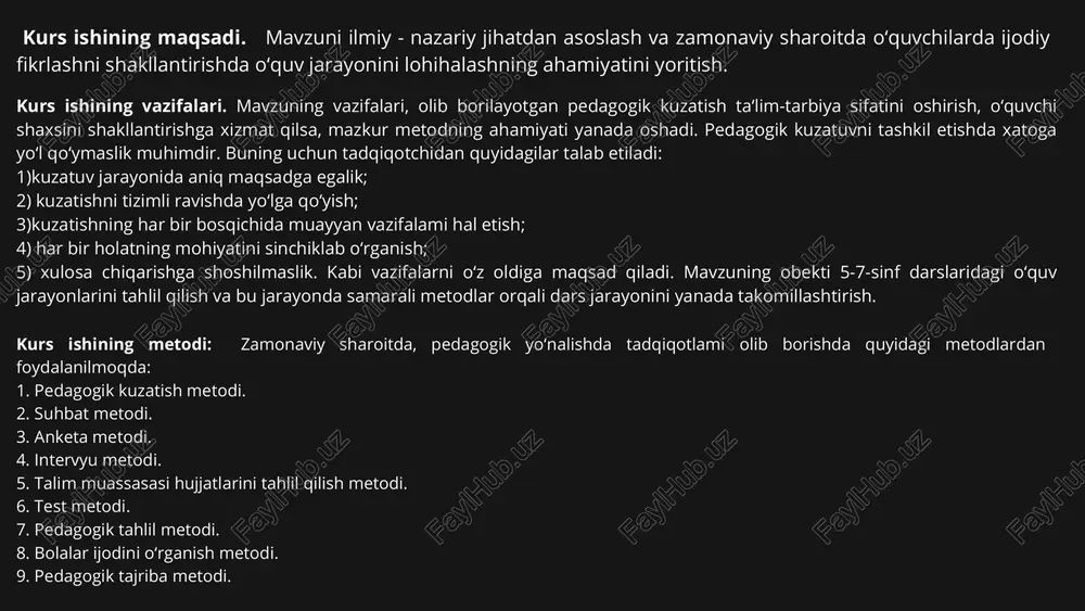 lgilaydi”. bu borada zamonaviy ilm-fanda “gibrid” tadqiqotlar ustuvor ahamiyat kasb etadi. 1.fildshteynning fikricha, bugun inson va uning rivojlanishini o‘rga- nuvchi boshqa fanlar bilan bog‘liqlikda amalga oshiriladigan psixologik- pedagogik tadqiqotlar yanada dolzarb ahamiyat kasb etmoqda: ijtimoiy antropologiya, madaniyatshunoslik, kognitiv sosiologiya, semiotika, informatika. wardiere inc. pedagogika voqelikning mazmun-mohiyatini o‘rganadi, qonuniyatlarini aniqlaydi, pedagogik o‘zaro ta’limning mohiyati, pedagogik jarayonni loyihalashtirish va amalga oshirish shakl, metod, vositalari va texnologiyalari, uning sifat va samaradorligi mezonlarini ishlab chiqadi. bu kurs ishida pedagogika sohasidagi muhim mavzular tahlil qilinadi. pedagogika, voqelikning mazmun va ahamiyatini tushunishga yordam beradi, qonuniyatlarini aniqlab beradi va pedagogik o‘zaro ta’limning ahamiyatini ko‘rsatadi. pedagogik jarayonni loyihalashtirish va amalga oshirishning shakl, metodlari, vositalari va texnologiyalari muhim bo'lib, uning sifati va samaradorligi haqida ma'lumot beradi. bu bilimlar o‘quvchilarga o‘z mutaxassislik sohasida yaxshi yetaklanish imkonini yaratadi va ularni malakali kasblar sotib olishda yordamchi bo'ladi. pedagogika fanining asosiy kategoriyalari. bizga yaxshi ma’lumki, har bir fan o‘zining tayanch tushunchalari, qonuniyatlari, tamoyillari, …