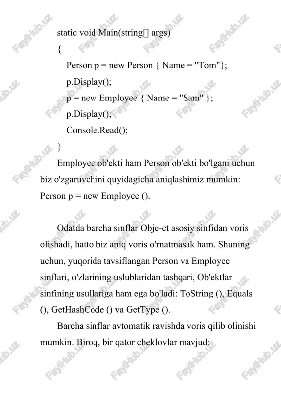 me; } public void display() { console.writeline(name); } } class employee : person { public string company { get; set; } public employee(string name, string company) : base(name) { company = company; } } pegrson sinfida name xususiyatini o'rnatuvchi konstruktor mavjud. egmployee sinfi bir xil name xususiyatini voris qilib olganligi va o'rnatganligi sababli, o'rnatish kodini yuz marta yozmaslik, lekin qandaydir tarzda person sinfining tegishli kodini chaqirish mantiqan to'g'ri bo'ladi. bundan tashqari, asosiy sinf konstruktorida o'rnatilishi kerak bo'lgan yana bir qancha xususiyatlar va parametrlar bo'lishi mumkin. asosiy kalit so'z bilan biz asosiy sinfga murojaat qilishimiz mumkin. bizning holatimizda biz employee sinfining konstruktorida nom va kompaniyani belgilashimiz kerak. ammo biz o'rnatish uchun nomni bazalik sinfning konstruktoriga, ya'ni person sinfining konstruktoriga base (name) iborasi yordamida beramiz. static void main(string[] args) { person p = new person("bill"); p.display(); employee emp = new employee ("tom", "microsoft"); emp.display(); console.read(); } hosilaviy sinflarda konstruktorlar konstruktorlar voris olayotganda …