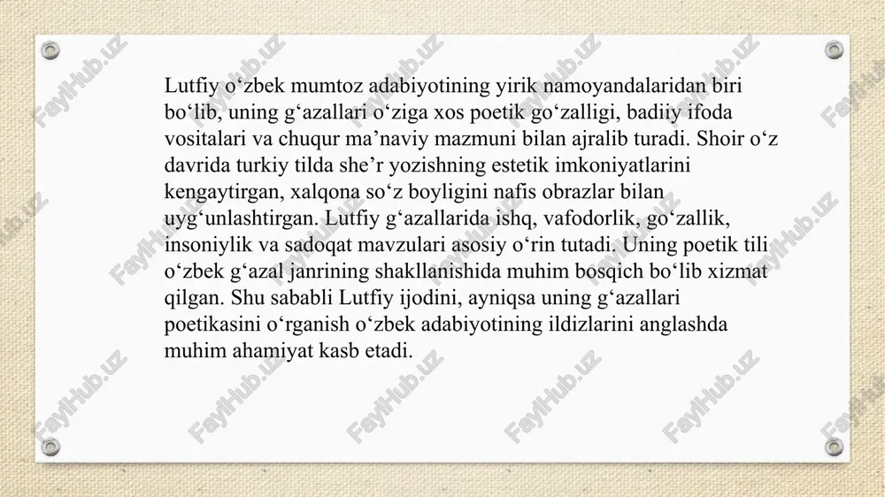 a uning she’rlariga musiqiylik baxsh etadi. g‘azallardagi tazodlar – muhabbat va hijron, yorug‘lik va zulmat, umid va iztirob singari qarama-qarshiliklar orqali inson ruhiy olamining murakkabligi ochiladi. lutfiy g‘azali tahlili: ushbu g‘azal an’anaviy ishq lirikasiga mansub bo‘lib, unda oshiqning yorga bo‘lgan muhabbati va uning husniga sig‘inish ohangi ustuvor. “ayoqingg‘a tushar har lahza gisu” misrasi orqali shoir yorning zulfini sajda holatida tasvirlaydi. bu yerda gisu (soch) ramz sifatida go‘zallik va fano holatini bildiradi. “charog‘ tubi qorong‘u” maqoli orqali shoir yorning go‘zalligi shunchalik porloqki, uning o‘z atrofidagi nurlarni so‘ndirib yuborishini ifodalaydi. “ko‘rsam orazingni — oqqan ariqqa oqar suv” misrasi, xalq maqollariga tayangan holda, xalqona ifoda va mumtoz ramzning uyg‘unligini ko‘rsatadi. bu yerda suv — hayot, yuz esa hayot manbai sifatida talqin etiladi. “yuzungni tuttum ortuq oy-u kundin” deyish orqali shoir yorning chehrasini tabiatdagi eng yuksak go‘zallik — oy va quyoshdan ham ustun qo‘yadi. bu mubolag‘a emas, balki ishqdagi ilohiy e’tiqod timsolidir. “ko‘zing qonimdin …