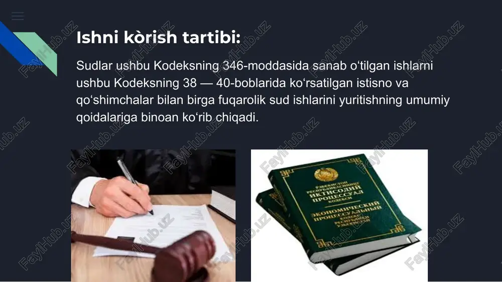 uchun taqdim etiladigan hujjatlar; 4) belgilangan tartibda va miqdorda davlat boji va pochta xarajatlari to‘langanligini tasdiqlovchi hujjat. hakamlik sudining hal qiluv qarorini bekor qilish to‘g‘risidagi ariza javobgarlar soniga qarab ko‘chirma nusxalari bilan birga fuqarolik ishlari bo‘yicha sudga beriladi, bundan elektron hujjat tarzida yuboriladigan ariza mustasno. agar hakamlik sudining hal qiluv qarorini bekor qilish to‘g‘risidagi ariza hakamlik muhokamasi tarafining vakili tomonidan berilgan bo‘lsa, unga ishonchnoma yoki vakilning vakolatlarini tasdiqlovchi boshqa hujjat ilova qilinishi kerak. hakamlik sudining hal qiluv qarorini bekor qilish to‘g‘risidagi ariza ushbu kodeksda nazarda tutilgan qoidalarga binoan sudya tomonidan yakka tartibda ko‘rib chiqiladi. sudya ishni hakamlik muhokamasi tarafining iltimosnomasiga binoan sud muhokamasiga tayyorlayotganda hal qiluv qarori fuqarolik ishlari bo‘yicha sudda nizolashilayotgan ishning materiallarini hakamlik sudidan ushbu kodeksda dalillarni talab qilib olish uchun nazarda tutilgan qoidalarga binoan talab qilib olishi mumkin. fuqarolik ishlari bo‘yicha sud hakamlik muhokamasi taraflarini sud majlisining vaqti va joyi to‘g‘risida xabardor qiladi. sud majlisining vaqti va …