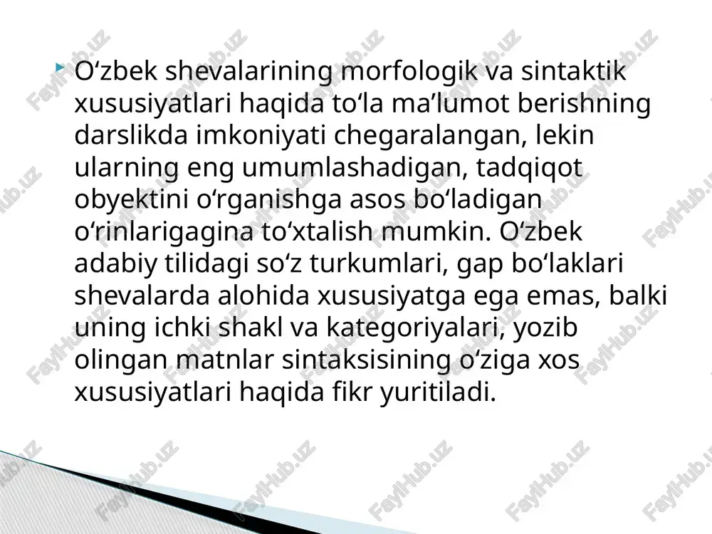 ~ shu ortalqta ~ šu ortalїqta (qipchoq). shiqish kelishigida 4 toifa affikslar ishtirok etadi: dän/dan/tän/tan affiksining qo‘shilish imkoniyatlari keng: - dän/tän affiksi barcha shevalarda qo‘llana oladi: buxorodan - buxārādәn, sendan -sändän. boshqalari esa singarmonizmli shevalarga xosdir: yaprog‘idan - yarpaqdan, maxluqdan- maxluqtan (qipchoq); - nän/nan affiksi xorazm, ba’zi qipchoq shevalarida m, n, undoshlari bilan tugagan sozlarga qo‘shiladi: o‘zingdan - öziηnän, bo‘yingdan -bojuηnan, o‘zimdan - özimnän, - din/dїn/tin/tїn affiksi shimoliy o‘zbek shevalarida bu kelishikning asosiy affiksidir: sutchidan –süjtčidin oshxonadan - ašxanadїn, topa olmasdan -tapamastїn, shimkentdan - čimgättin; o’zbek shevalarida ot, sifat, fe’l turkumlarining ichki kategoriyalarida shevalarning xususiyatlarini ko‘rsatadigan so‘z shakllari ham bor. sifatlardagi adabiy tilga xos aksariyat so‘zlar, affikslar shevalarda ham ba’zi fonetik o‘zgarishlar bilan qo‘llanadi, jumladan, sariq sarї (qipchoq, o‘g‘uz) belgining ortiqligini ifodalashda xorazm shevalarida zїl so‘zidan foydalaniladi: qop-qora - zїl qara, son. sodda va murakkab sonlarning hosil qilinishida adabiy til tizimi saqlandi. jamlik son xorazm shevalarida egalik affiksi vositasida, ya’ni …