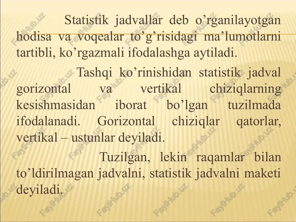 tun va qatorlardagi nomlar ham aniq, qisqa va tushunarli bo’lishi lozim. jadvallarda so’z qisqartirishsiz yoziladi. agar umumiy o’lchov birligi bo’lmasa har bir qator va ustun uchun o’zining o’lchov birligi keltiriladi. eganing qatorlari va kesimning ustunlari qo’shiladigan bo’laklar tamoyilida joylashtiriladi va oxirida jami chiqariladi. agarda hamma bo’laklar to’g’risida ma’lumot bo’lmasa yoki ularni hammasini ko’rsatishga zaruriyat bo’lmasa oldin jami berilib, undan keyin shu jumladan degan so’z yozilib eng asosiy yoki kerakli bo’laklar sanab o’tiladi. agarda jadval katta bo’lsa, qulaylik tug’dirish uchun jadvalning ustunlariga tartib nomeri beriladi, qatorlari bir, ikki va h.k yoki a, b, v harflari bilan belgilanishi mumkin. jadvalda o’zaro bog’liq ma’lumotlar yonma-yon keltiriladi. grafiklar zamonaviy statistikaning ilmiy o’rganish qurollaridan biri hisoblanadi va hozirgi kunda birorta ma’ruzani yoki ommaviy chiqishlarni, taqdimotlarni, gazeta , jurnallarda chop etiladigan maqolalarni, televizordagi maxsus eshittirishlarni va xatto reklama industriyasini statistik grafiklarsiz tassavur ham qilib bo’lmaydi. ingliz iqtisodchisi u.pleyf 1786 yilda chop qilgan «tijorat va siyosiy atlas …