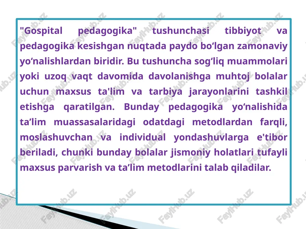 kasal bolalar bilan ishlahda zarur pedagog va psixologik ko’nikmalarga ega bo’lishi l lozim. 234-son qaror kasal bolalarga uzluksiz ta’lim olish huquqini kafolatlaydi va ular uchun maxsus sharoitlar yaratish zarurligini belgilaydi. image1.jpeg image2.png /docprops/thumbnail.jpeg