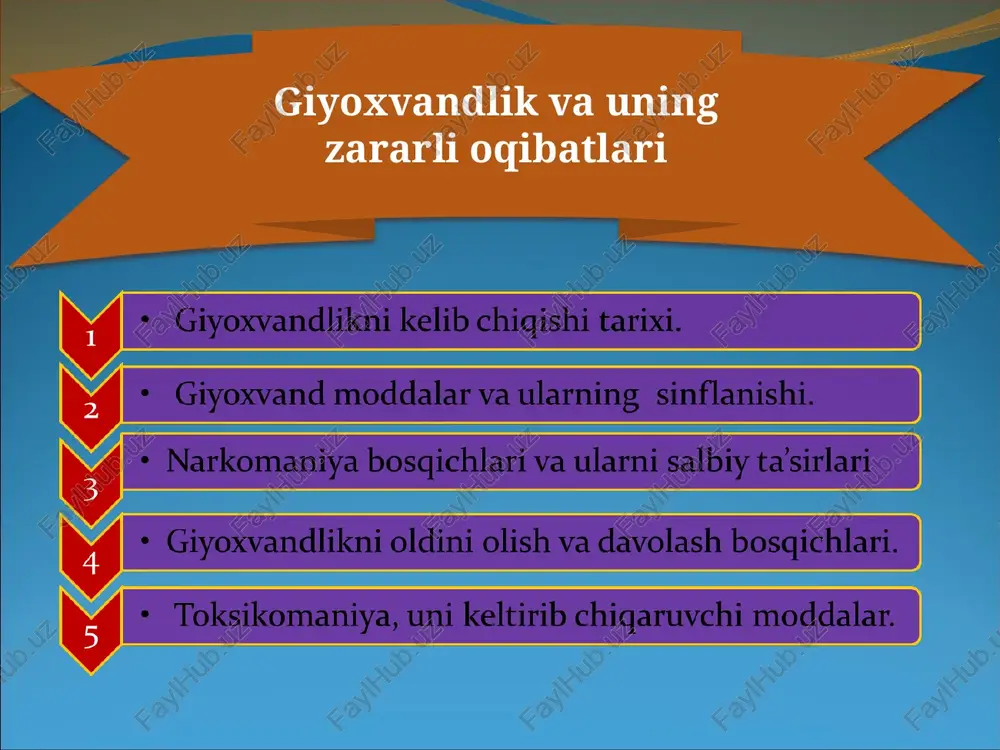 nizm, morfinizm + nashavandlik + tamaki, nasha chekishlik va shu kabilar bo’lishi mumkin klinik jihatdan organizmning zaharlanishi natijasida tegishli o’ziga xos belgilar, abstsinent sindromlardan tashqari og’ir hayot uchun havfli belgilar — ko’rinishida xunuklik, harakatida gangishlik, psixozlar, gallyutsinatsiyalar, komatoz holat, axiri o’zini-o’zi o’ldirishlikka intilishliklar paydo bo’ladi va bundaylar tezda juvonmarg-yoshgina umri hazon bo’ladi. jahon sog’liqni saqlash tashkiloti (voz) ta’biriga ko’ra narkotik moddalar deb quyidagi mezon-o’lchov belgilangan 1-rasm.narkotiklar va dori vositalarining yurak qismlariga ta’sir etish joylari talamus orqa miya uzunchoq miya miyacha o`rta miya bosh miya miya gipotalamus bosh miya o’rta miya miyacha uzunchoq miya orqa miya «qoradori» va boshqa narkotiklarning keltirib chiqaradigan salbiy ta’sirlari opiy preparatlari — narkotiklari vena qon tomiriga yuborish yo’li bilan qabul qilinsa, sifilis (zaxm), gepatit (sariq kasalligi) va boshqalarni, ayniqsa birinchi galda spid (oits) kasalligini keltirib chiqarib, oqibatda organizmning himoya quvvatini — immunitetni pasaytiradi. o’lim va nogironliklarning kelib chiqishida eng katta sababchi bo’layotgan narsa hisoblanadi narkomaniyani –giyohvandlikni …