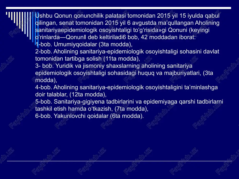 va radioaktiv ifloslanishlarning red lari), red (pdd) - ruxsat etiladigan doza (masalan, ionlantiruvchi nurlarning red). har qanday holatda ham ruxsat etiladigan degan so‘z shu ma’noni beradiki, shu miqdordan oshib ketgan sharoitda bu omillar shu odamning o‘zigagina emas, balki uning kelgusi avlodi uchun ham xavfli hisoblanadi. gigiyenik me’yorlar sanitariya-epidemiologiya nazorati faoliyatining asosi hisoblanadi, chunki dsenm ning asosiy vazifalari ogohlantiruvchi va joriy sanitariya nazoratida gigiyenik me’yorlarning bajarilishini nazorat qilishdir. bugungi kunda o‘zbekiston respublikasida 100 dan ortiq gigiyenik me’yoriy hujjatlari tasdiqlangan va amaliyotda qo‘llash uchun tavsiya qilingan bo‘lib, ularning asosiylari sanitariya qoidalari va me’yorlari hisoblanadi. bu hujjatlarning aksariyat qismi oldin o‘rnatilgan me’yorlar bo‘lib, ularga ayrim yangilik va qo‘shimchalar kiritilgan, bunda o‘zbekistonning geografik-iqlim sharoitlarining o‘ziga xosligi, respublika iqtisodiyotining xususiyatlari hamda jamiyatda yuz berayotgan ijtimoiy-iqtisodiy o‘zgarishlar inobatga olingandir. bu hujjatlarning bir qismi ko‘pincha gigiyenik reglament ko‘rinishi (masalan, atmosfera havosidagi kimyoviy moddalarning rek, shovqin va tebranishning red) tabiatiga egadir, ammo bu hujjatlarning ko‘pchilik qismi o‘z tarkibiga …