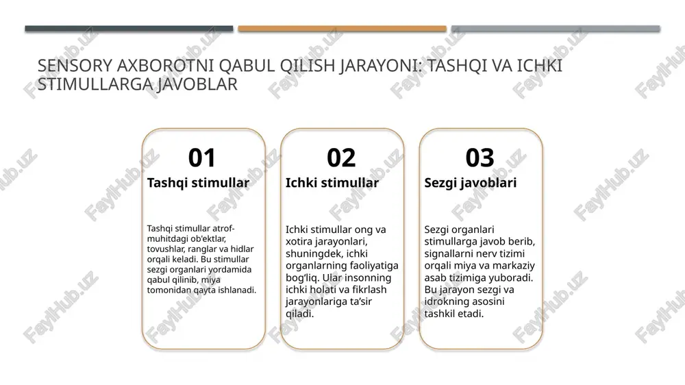 an. 3 psixologik nazariyalar psixologik nazariyalar sezgi va idrokning rivojlanishi, fikrlash jarayonlari va shaxsiy tafakkur bilan bog‘liq bo‘lib, inson fikrining shakllanishiga ta'sir qiladi. 4 tahlil va taqqoslash bu yondashuvlar sezgi va idrokni tahlil qilish imkonini beradi, ular yordamida psixologik va neyroilmlardagi nazariyalar o‘rtasidagi o‘zaro bog‘liqlik va farqlar aniqlanadi. neyrobi nazariyalar asosida sezgi va idrok tushunchasining biologik tamoyillari. neyrobi nazariyalar neyrobi nazariyalar sezgi va idrok jarayonlarini miya va nerv tizimlarining biologik asoslariga asoslangan holda tushuntiradi. ular neyronlarning faoliyatini va sinaptik aloqalarni o‘rganadi. neyronlar va sinaptikalar sezgi va idrok jarayonlarida neyronlar va sinaptikalar asosiy rol o‘ynaydi. ular ma’lumotlarni uzatish va qayta ishlash orqali tashqi va ichki stimullarga javob beradi. biologik mexanizmlar bu nazariyalar sezgi va idrok jarayonlarining biologik tamoyillarini, jumladan, neyrotransmitterlar, miya bo‘laklari va nerv tarmog‘larini tushuntiradi, bu jarayonlarni tahlil qilishda yordam beradi. psixologik modellarga ko‘ra sezgi va idrokning rivojlanish jarayonlari. 1 kognitiv yondashuv - psixologik modellarga ko‘ra, sezgi va idrok rivojlanishi …