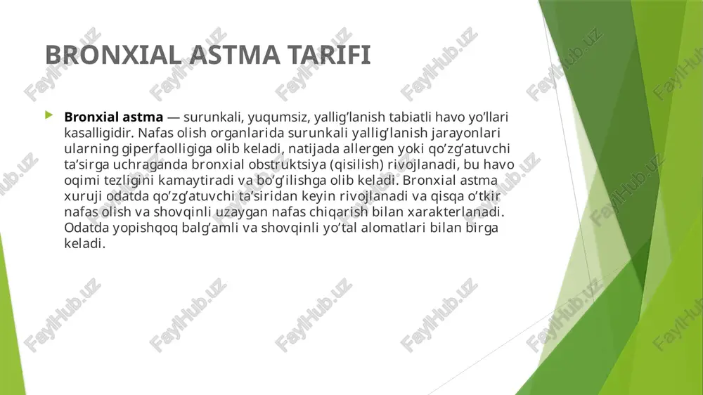 azorat qilinadi; boshqarib bo’linmaydigan. bronxial astma alomatlari va belgilari bronxial astmada nafas qisilishi xurujlari uch bosqichga bo’linadi: qo’zg’atuvchi ta’siri davri; avj olishi davri; orqaga rivojlanish davri. qo’zg’atuvchi ta’siri davri infektsion-allergik tabiatga ega bronxial astmatik bemorlarda yaqqolroq namoyon bo’ladi: burun-halqum a’zolari tomonidan vazomotor reaktsiyalar (burun oqishi, tinimsiz aksa urish). ikkinchi davr (u to’satdan boshlanishi mumkin) ko’krak qafasidagi torlik hissi bilan ifodalanadi, bu erkin nafas olish imkonini bermaydi. nafas olish keskin va qisqa bo’lib, nafas chiqarish uzoq va shovqinli bo’ladi. nafas olish baland ovozli xirillash, yopishqoq balg’amli yo’tal yuzaga kelib, bu nafas olish aritmiyasini keltirib chiqaradi. bronxial astma alomatlari va belgilari xuruj paytida bemorning holati majburiy, u odatda, oldinga egilgan holda o’tirib, tirsaklarini tizzalariga tirashga harakat qiladi. yuzi shishib ketadi va nafas chiqarish vaqtida bo’yin venalari shishadi. xurujning og’irligiga qarab, nafas chiqarishdagi qarshilikni yengishga yordam beradigan muskullar ishtirokini kuzatsa bo’ladi. perkussiyada ovoz aniq va bo’sh qutini urganda chiqadigan ovozga o’xshash, chunki o’pkada …