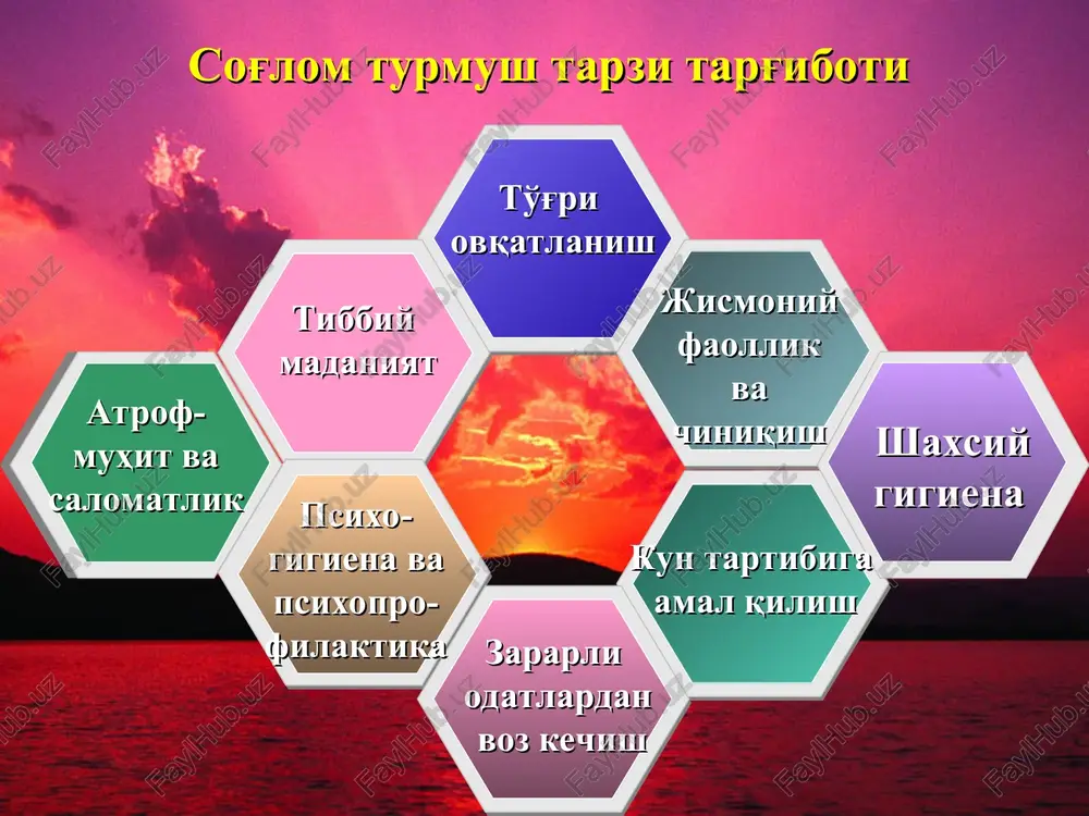 amlarning yashashi va turmush darajasi turli mamlakatlarda turlicha bulib, u mamlakatning iktisodiy – ijtimoiy rivojlanishi, siyosiy xolati, ishlab chikarish kuchlarining rivojlanganligi, mamlakat milliy daromadi va iste'mol fondlari xajmi, odamlarning daromadi, uy – joy bilan ta'minlanishi, tibbiy yordam olish darajasi, axolining savodxonligi, ish vaktining davomiyligi, salomatlik kursatkichlari va demografik jarayonlar xolati kailar bilan belgilanadi. soglom turmush tarzi tushunchasi uz tarkibiga: zararli odatlardan (tamaki chekish, spirtli ichimliklarni ichish va giyoxvandlik) tiyilish; muttasil ravishda jismoniy va xarakat faolligi, mu'tadil xarakatlanish tartibiga rioya kilish; tarkib jixatidan tenglashtirilgan va ratsional ovkatlanish; organizmni chiniktirish; shaxsiy va jamoachilik gigienasi; ijobiy extiroslar, ziddiyatli vaziyatlardan uzini chetga olish, stress xolatlarining okilona echimini topa bilish; tartibli mexnat kilish va tulakonli dam olish; kulay ruxiy xolatga ega bulish va ruxiy fiziologik jixatdan konikib yashash; yuksak tibbiy faollikga ega bulish; iktisodiy va madaniy jixatdan mustakillik; uz ishidan konikish xosil kilib yashash kabi yunalishlarni kamrab oladi. fan – texnikaning goyat imkoniyatlari odamlarda soglom …