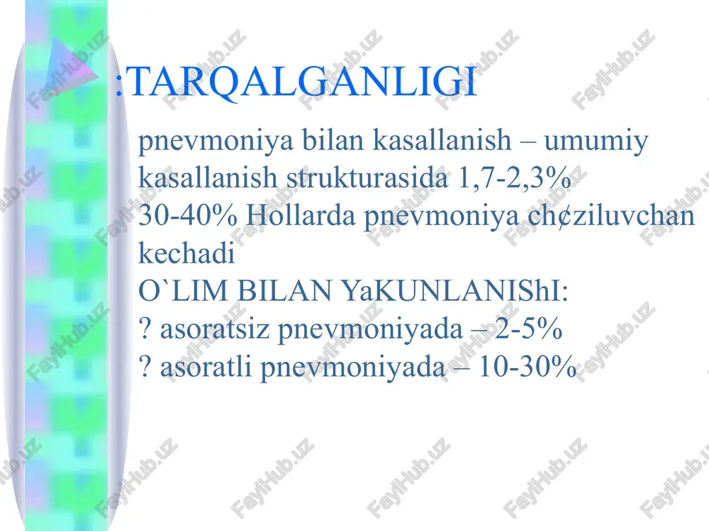 chapga siljishi, neytrofillarning toksik donadorligi, limfopeniya, eozinopeniya, echt oshishi. qba: b2- i y-globulinov miqdori, sial kislotalar, seromukoid, fibrin, ldg (ayniksa ldgz) mi?dori oshishi. peshob ua: oqsil, ba'zan mikrogematuriya. qon gaz tarkibini tekshirish: rao2 pasayishi (gipoksemiya). koagulogramma tekshiruvi: dvs-sindrom (kam ifodalangan) instrumental tekshiruvlar. rentgenologik tekshiruvlar: quyilish davrida zararlangan segmentlarda ¢pka suratining kuchayishi, shu sohlarda ¢pka maydoni tiniqligi me'yorida yoki bir oz pasaygan. zichlashish bosqichida yallig`lanish kamrab olgan ¢pka segmentlarining intensiv soyalanishi. ¢pkaning butun b¢lagi yoki b¢lakning katta qismini qamrab olgan pnevmoniyada soyalanish bir tekisda, markaziy b¢aklarida kuchliroq. v stadii razresheniya bosqichida yallig`lanish infiltratining ¢lchamlari va intensivligi kamayadi, ¢pka ildizlari kengaygan b¢lishi mumkin. spirografiya: o`qs kamayishi, mod oshishi. ekg: kupchilik ulanishlarda t tishcha va st intervalining pasayishi, ii va iii ulanishlarda amplitudasi baland b¢lgan r tishcha paydo b¢lishi markaziy pnevmoniya (i tipdagi pnevmokokk bilan chaqirilgan pnevmoniya. o`ng o`pka yuqori bo`lagida lobar bakterial pnevmoniya streptokokkli pnevmoniya; 25 yoshli erkak bemor grippoz pnevmoniya (tillarang …