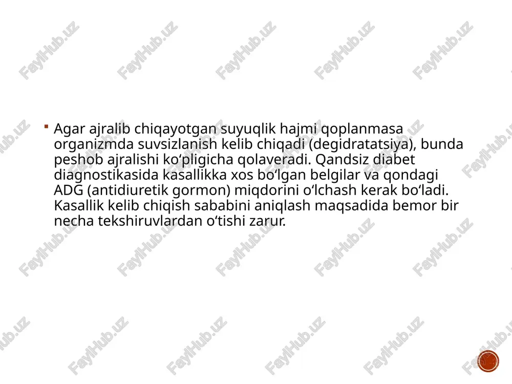 va jinsiy yetilishida kamchiliklar kuzatiladi. qandsiz diabet asoratlari ushbu kasallik organizm suvsizlanishiga olib kelishi bilan xavflidir. suvsizlanishda umumiy holsizlik, taxikardiya, koʻngil aynishi, psixik oʻzgarishlar, qonning quyuqlashib ketishi, kollaps holatiga tushish, arterial bosimning pasayishi hamda nevrologik oʻzgarishlar bilan kechadi. organizmda kuchli suvsizlanish roʻy bersa ham peshob ajralishi koʻpligicha qoladi. diagnostika qandsiz diabetga shubha qilish uchun doimiy kuchli chanqoq hissi va sutkalik ajralayotgan peshob hajmining 3 litrda koʻpligidir. sutkalik ajralayotgan peshob hajmini aniqlash uchun zimnitskiy sinamasi oʻtkaziladi. peshob analizida siydikning nisbiy zichligi pastligi, giperkalsiyemiya va gipokaliyemiya holatlari aniqlanadi. qandli diabetdan farqlash maqsadida och qoringa qondagi glyukoza miqdorini tekshirish kerak boʻladi. diagnostikani tasdiqlash uchun qonda adg miqdori tekshiriladi va uning miqdori normadan past holatda ekanligi aniqlandi. kasallik sababini aniqlash maqsadida rentgenografiya, psixonevrologik, oftalmologik tekshiruvlar oʻtkaziladi. mrt yordamida bosh miyadagi oʻzgarishlar hamda oʻsmalar aniqlanadi. qoʻshimcha sifatida buyraklar utt (uzi) tekshiruvi va kt oʻtkaziladi. baʼzida buyraklardan biopsiya olinadi va mikroskop ostida uning hujayraviy oʻzgarishari aniqlanadi. …