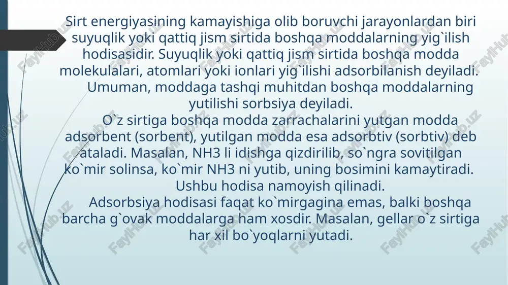 peraturani oshirish oruali adsorbentga yutilgan moddani kuprou uaytadan chiuarish mumkin. agar adsorbent bilan adsorbtiv urtasida ximiyaviy reaktsiya sodir bulsa, (xemosorbtsiya) adsorbtsion muvozanat uaror topmaydi; bu xolda adsorbtsiya uaytmas jarayon xarakteriga ega buladi. fizikaviy adsorbtsiyada xam, xemosorbtsiyada xam issiulik effekti kuzatiladi, yaoni issiulik chiuadi. xemosorbtsiyada ajralib chiuadigan issiulik miudori ximiyaviy reaktsiyalarning issiulik effektiga yauin keladi. fizikaviy adsorbtsiyada ajralib chiuuan issiulik kalorimetrlar yordamida ulchanadi, lekin bunda olingan natijalar tarkibiy buladi, chunki adsorbtsiya va demak, issiulik chiuishi vautiga chuziladi. adsorbtsiyaning integral issiuligi va differentsial issiuligi degani tushunchalar kiritilgan. adsorbentga gaz yoki bu yutilganda chiuuan umumiy issiulik miudori adsorbtsiyaning integral deyiladi va ushbu formuladan topiladi: bunda: q – ajralib chiuuan umumiy issiulik miudori (j), m-adsorbent massasi (g). adsorbentga maolum miudorda modda yutilgandan keyin yana bir molp yutilganda ajralib chiuuan issiulik adsorbtsiyaning differentsial issiuligi deyiladi, yaoni adsorbtsiya issiuligi ayni gazning kondensatsiya issiuligidan ancha katta buladi. adsorbtsiya issiuligi bilan gaz bosimi orasida uuyidagi bolanish bor: bu …