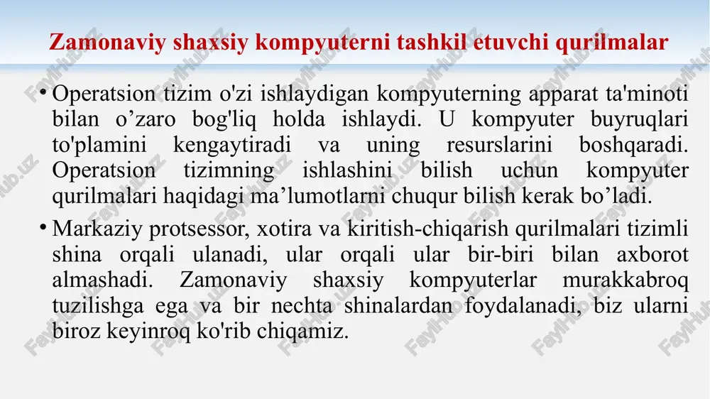 kin faqat uning ba'zi maydonlariga yozadi. psw registri tizim chaqiruvlari va kiritish-chiqarish operatsiyalarida muhim rol o'ynaydi. protsessorning asosiy funksiyalari operativ xotiradan ma’lumotlarni qabul qiladi, ular bilan arifmetik va mantiqiy amallarni bajaradi, tashqi qurilmalarga uzatadi; ichki tugunlar va tashqi qurilmalarning ishlashi uchun zarur bo'lgan signallarni shakllantiradi; bajarilgan amallar natijalarini, uzatilgan signallarni va boshqa ma'lumotlarni vaqtincha saqlaydi; tashqi qurilmalardan so'rovlarni qabul qiladi va ularni qayta ishlaydi. protsessor nimadan tashkil topadi? protsessor yadrosi. ishning asosiy qismini protsessor yadrosi bajaradi. u ko'rsatmalarni o'qish, shifrdan ochish, bajarish va yuborish imkonini beradi. yadro quyidagi qismlardan iborat: arifmetik-mantiqiy qurilma. asosiy matematik va mantiqiy amallarni bajaradi. barcha hisoblashlar ikkilik sanoq tizimida amalga oshiriladi. boshqarish qurilmasi. protsessorning ishlashini elektr signallari yordamida boshqaradi. protsessorning barcha qismlari ishining izchilligi va tashqi qurilmalar bilan aloqasi unga bog'liq bo’ladi. har bir yadro soniyalarda bo’lsa ham faqat bitta vazifani bajarishi mumkin. bir yadroli protsessor har bir vazifani ketma-ket bajaradi. bu zamonaviy operatsiyalar hajmi uchun …