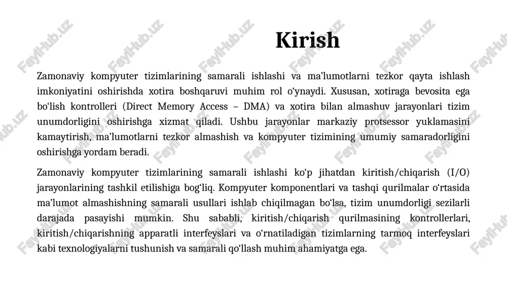essorning bu ish tartibida unumdorligi yetarli emas. kiritish-chiqarish qurilmasining kontrollerlari kiritish-chiqarish kontrollerlari protsessor va tashqi qurilmalar o‘rtasida axborot almashish jarayonini muvofiqlashtiradi. har bir qurilma (klaviatura, printer, disk drayveri) o‘ziga xos kontrollerga ega. kontroller asosiy funksiyalari: qurilma va protsessor o‘rtasida signal almashish. buyruqlarni qabul qilish va qayta ishlash. ma’lumotlar uzatish protokollarini ta’minlash. z kiritish-chiqarishning apparat interfeyslari apparat interfeyslari ma’lumotlarni fizik jihatdan uzatish uchun ishlatiladi. keng tarqalgan interfeys turlari: usb (universal serial bus) – tashqi qurilmalarni ulash. pci (peripheral component interconnect) – ichki apparat komponentlarini ulash. sata (serial ata) – disk drayverlar bilan ishlash. har bir interfeysning o‘ziga xos ma’lumot uzatish tezligi va qo‘llanilish sohasi mavjud. o‘rnatiladigan tizimlarning tarmoq interfeyslari: tarmoq interfeyslari ma’lumotlarni tarmoq orqali uzatish imkonini beradi. iot qurilmalari, sanoat avtomatlashtirish tizimlarida muhim rol o‘ynaydi. keng tarqalgan interfeyslar: ethernet – simli tarmoq ulanishi. wi-fi – simsiz ulanish. bluetooth – qisqa masofaga simsiz ma’lumot uzatish. rs-485 – uzoq masofaga axborot uzatish uchun …