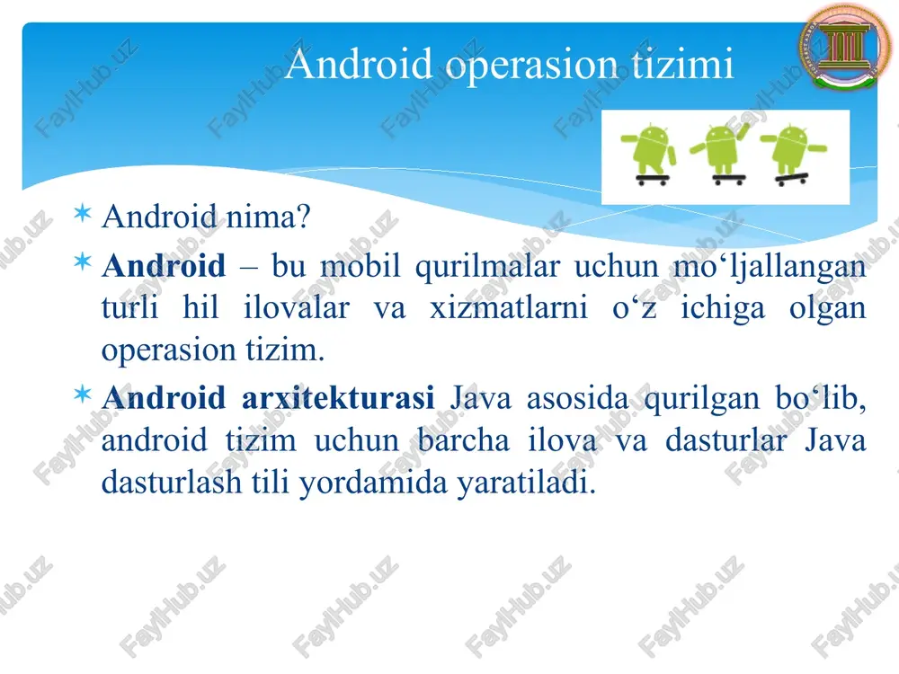 sh va ilovalararo ma'lumotlarni almashish uchun sqlite database kutubxonasi, audio va video ma'lumotlarni boshqarish uchun media framework, internet xavfsizligi uchun ssl kutubxonasi, grafikani boshqarish uchun opengl, sensorli ekran xizmati uchun surface manager va h.k. lar android runtime – dalvik virtual machine komponentini boshqarish uchun ishlatiladigan kutubxona hisoblanadi. bunda har bir ilovaning o‘z prosessida ishlashi ta'minlanadi. o‘z navbatida bu kutubxonalar ilovalar yaratishda java dasturlash tilini ishlatish uchun ham yordamberadi. application framework – yuqori sathdagi java sinf va paketlar jamlanmasidir. bunda tayyor xizmatlardan foydalanish mumkin (content providers, camera control va h.k. lar) applications – bu foydalanuvchi uchun mo‘ljallangan ilovalar sathi hisoblanadi (contacts books, browser, games) android arxitekturasi android ui arxitekturasi model-view-controller konsepsiyasi adt ning dastlabki oynasi yangi loyiha yaratish oynasi-1 yangi loyiha yaratish oynasi-2 yangi loyiha yaratish oynasi-3 loyihani tashkil etuvchi fayllari (package explorer) fayl kodlar qismi loyiha xususiyatlari loyiha yuklanishidagi emulator va xatoliklar holati oynasi -android tizimi uchun maxsus droid va …