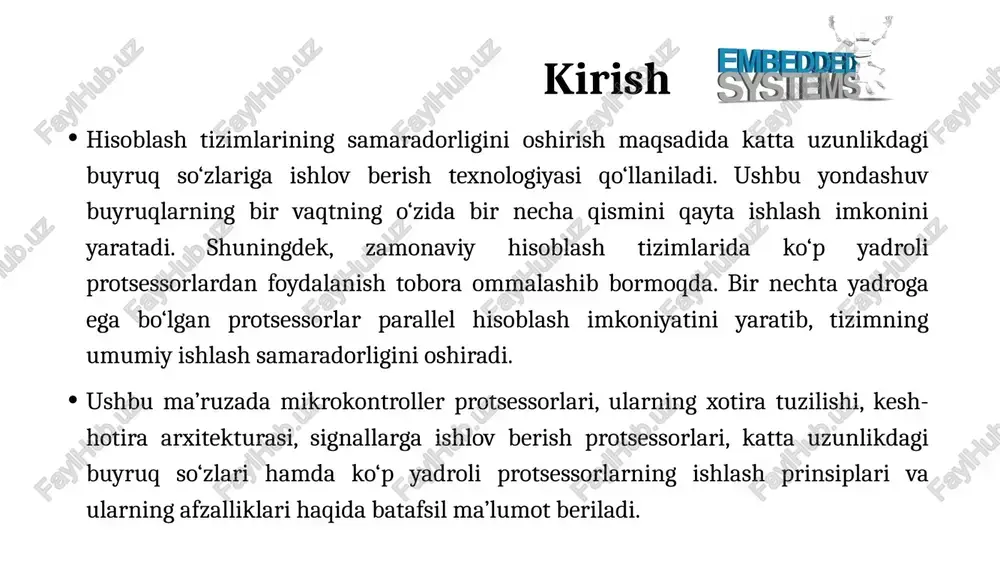kodga mos keladigan analog signal hosil qiladi. ular quyidagilar uchun mo'ljallangan : - raqamli qurilmalarni analoglar bilan moslashtirish; - raqamli qurilmalarda, nutq va musiqa tovush sintezatorlarida ilovalar; - analog kiritish bilan qurilmalar va jihozlarni boshqarish. rasmda teskari operatsion kuchaytirgich yordamida dac yig'ish misoli ko'rsatilgan . dac - r -2 r tipidagi yuqori aniqlikdagi qarshilik matritsasi bilan r os salbiy teskari aloqa bilan qoplangan operatsion kuchaytirgich . kalit yopilganda oqim har qanday rezistordan o'tadi (k1-k n ). har bir kalit bu holatni kirish kodining mos keladigan bitida mantiqiy bit mavjud bo'lganda oladi, u barcha kalit kirishlariga parallel ravishda beriladi. nolga teng bo'lgan kod raqamlarida kalit erga yopiladi. shunday qilib, asosiy pozitsiyalar to'plami kuchaytirgichning umumiy kirish oqimini ta'minlaydi, chiqish voltaji u k esa proportsionallik koeffitsienti r os / r in bilan u etga proportsionaldir . 8 signal uzatish interfeyslari analog aloqa liniyalari turli qurilmalar (datchiklar, kuchaytirgichlar, adc) o'rtasida elektr signallarini uzatish uchun …