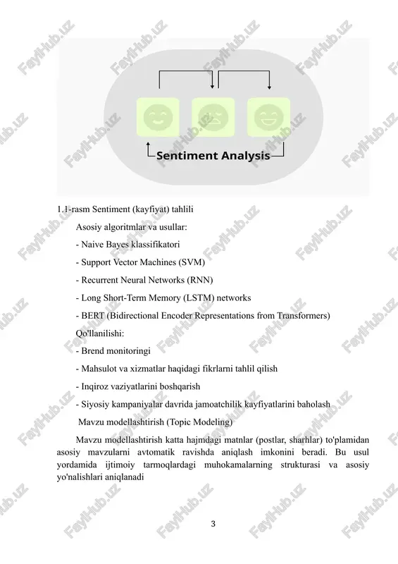 da filtrlash - kontentga asoslangan filtrlash - matritsalarni faktorizatsiya qilish - deep learning asosidagi tavsiya modellari - gibrid tavsiya tizimlari qo‘llanilishi: - kontentni personallashtirish - do‘stlar tavsiya qilish - mahsulotlar va xizmatlarni tavsiya qilish - qiziqarli guruhlar va sahifalarni tavsiya qilish vizual kontentni tahlil qilish zamonaviy ijtimoiy tarmoqlarda rasmlar va videolar muhim o‘rin tutadi. mashinali o‘qitish algoritmlari bu turdagi kontentni ham samarali tahlil qilish imkonini beradi. asosiy algoritmlar va usullar - konvolyutsion neyron tarmoqlari (cnn) - ob'ektni aniqlash - rasmlar tasnifi - yuzni tanish - video tahlil qo‘llanilishi: - brendlar vizual monitoringi - vizual trend tahlili - mahsulot joylashtirishni aniqlash - zararli vizual kontentni aniqlash ijtimoiy tarmoqlar tahlilida mashinali o‘qitish usullarini qo‘llash ma'lumotlarni to‘plash va tayyorlash mashinali o‘qitish modellarini yaratishning birinchi bosqichi bu ma'lumotlarni to‘plash va ularni tahlil uchun tayyorlashdir. ijtimoiy tarmoqlar kontekstida bu jarayon quyidagi bosqichlarni o‘z ichiga oladi: 1. ma'lumotlarni to‘plash: - ijtimoiy tarmoq api laridan foydalanish (twitter …