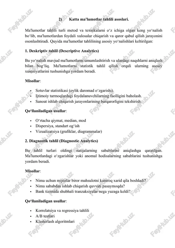 ve analytics) bu tahlil turi nafaqat kelajakni prognoz qilish, balki optimal qarorlarni tavsiya qilishga ham yordam beradi. sun’iy intellekt va optimizatsiya usullari asosida tavsiyalar ishlab chiqiladi. misollar: · sanoatda ishlab chiqarish jarayonlarini avtomatlashtirish. · tibbiyotda shaxsiylashtirilgan davolash usullarini tanlash. · transport sohasida yo‘llarni yuklama darajasiga qarab optimallashtirish. qo‘llaniladigan usullar: · genetik algoritmlar · qayta bog‘langan neyron tarmoqlar (reinforcement learning) · matematik optimizatsiya modellar 5. real vaqt rejimidagi tahlil (real-time analytics) bu usul ma'lumotlarni real vaqt rejimida qayta ishlash va tezkor qaror qabul qilish uchun ishlatiladi. misollar: · kiberxavfsizlikda real vaqtli tahdidlarni aniqlash. · internet-do‘konlarda mijozlarning harakatlarini kuzatish va tavsiyalar berish. · iot (internet of things) qurilmalaridan kelayotgan ma’lumotlarni tahlil qilish. qo‘llaniladigan texnologiyalar: · apache spark streaming · kafka, flink · edge computing zamonaviy ma’lumotlar tahlilida mashinani o‘rganish (machine learning, ml) va sun’iy intellekt (artificial intelligence, ai) asosiy vositalardan biri hisoblanadi. ushbu texnologiyalar katta hajmdagi ma’lumotlarni qayta ishlash, tendensiyalarni aniqlash va …