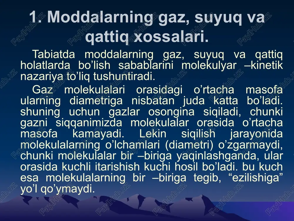 ali quvur orqali oqayotgan suyuqlikning tezligi o’zgarib turadi degan xulosa kelib chiqadi. suyuqlik quvurning keng qismidan tor qismiga oqib o’tganda tezligini oshirib, tezlanish oladi. aksincha, suyuqlik quvurning tor qismidan keng qismiga oqib o’tganda, tezligini kamaytirib sekinlanuvchan harakat qiladi. nuytonning ikkinchi qonuniga ko’ra jismlar faqat kuch ta’sirida tezlanish olishi mumkin. u holda suyuqlik quvurning kesim yuzasi s1 bo’lgan qismidan kesim yuzasi bo’lgan qismiga oqib o’tganda, unga tezlanish beruvchi kuning tabiati nimadan iborat degan savol tug’iladi. 4. qattiq jismlarning tuzilishi, kristall panjara va ularning turlari. biz qattiq jismning — yer sharining sirtida, qattiq jismlardan yasalgan inshootlarda — uylarda yashaymiz. bizning tanamiz garchi taxminan 65 % suvdan iborat bo`lsa ham (miyada — 80 % suv) kattiq jismdir. mehnat qurollari, mashinalar ham qattiq jismlardan yasalgan. qattiq jismlarning xossalarini bilish hayotiy zaruratdir qattiq jismlar suyuqliklarga o`xshab, hajminigina emas, shaklini ham yo`qotmaydi. qattiq jismlar asosan kristall holatda bo`ladi. bu nima degani? bizga ma’lumki, gazlar qanday idishga …