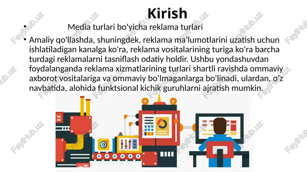 radi va oshiradi. sotuv hajmini ko‘paytiradi. raqobatbardoshlikni ta’minlaydi. ijtimoiy ahamiyati: iste’molchilarning xabardorligini oshiradi. yangi turmush tarzini targ‘ib qiladi. ijtimoiy muammolarga e’tibor qaratadi. reklamaning biznesdagi o‘rni va vazifalari biznesda reklama quyidagi vazifalarni bajaradi: brend imidjini shakllantirish: kompaniyaning ijobiy qiyofasini yaratadi. mijozlar bazasini kengaytirish: yangi mijozlarni jalb qiladi. sotuvni rag‘batlantirish: aksiyalar, chegirmalar orqali sotuvni oshiradi. bozorda raqobatbardoshlikni ta’minlash: raqobatchilardan ajralib turishga yordam beradi. taklif tushunchasi va uning asosiy xususiyatlari taklif — bu ishlab chiqaruvchilar tomonidan ma’lum narxda va vaqt davomida bozorda taqdim etilayotgan mahsulot yoki xizmat miqdoridir. taklif quyidagi xususiyatlarga ega: narxga bog‘liqlik: narx oshganda taklif ko‘payadi. vaqt omili: ma’lum vaqt davomida taklif o‘zgarishi mumkin. resurslar mavjudligi: ishlab chiqarish resurslari taklifga ta’sir qiladi. takliflar oshishiga ta’sir qiluvchi omillar bozordagi raqobatchilar soni – agar bozorda ko‘proq ishlab chiqaruvchilar paydo bo‘lsa, umumiy taklif hajmi ortadi. tabiiy va mavsumiy omillar – qishloq xo‘jaligi mahsulotlari mavsumga qarab ko‘proq yoki kamroq taklif etiladi. narxga bo‘lgan kutilmalar (prognozlar) …