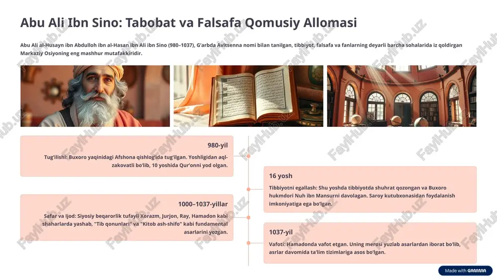 ‘zaro yordam o‘quvchilarning motivatsiyasini oshiradi. ilmlarni bosqichma-bosqich o'rganish ta’lim tizimida ilmlar mantiqiy ketma-ketlikda, yengildan murakkabga qarab o‘rgatilishi kerak. birinchi navbatda yozuv, o‘qish, so‘ngra adabiyot, matematika va fanlar o‘qitiladi. ibn sino jismoniy tarbiyaning aqliy rivojlanishga ta’sirini alohida ta’kidlagan. uning fikricha, sog‘lom tana sog‘lom aqlning garovidir, shu sababli o‘yin va sport mashg‘ulotlari o‘quv jarayonining majburiy qismi bo‘lishi shart. 4 yusuf xos hojib: davlat va adolat dostonchisi yusuf xos hojib balasog‘uniy haqida qisqacha ma'lumot yusuf xos hojib (taxminan 1015–1077) – buyuk turkiy shoir va mutafakkir. u qoraxoniylar davlatida yashab ijod qilgan bo‘lib, uning eng mashhur asari “qutadg‘u bilig” ("saodatga eltuvchi bilim") dostonidir. bu asar turkiy adabiyotning eng muhim yodgorliklaridan biri bo‘lib, davlat boshqaruvi, axloq va ta’lim-tarbiya masalalarini o‘z ichiga oladi. taxminan 1015-yil tug‘ilishi: balasog‘un shahrida (hozirgi qirg‘iziston hududi) tug‘ilgan. 1069–1070-yillar "qutadg‘u bilig"ning yozilishi: asarni kashg‘arda tugatib, uni qoraxoniy hukmdori tavg‘ach bug‘ra xonga taqdim etgan. unvon xos hojib unvonini olish: asari uchun tavg‘ach bug‘ra …