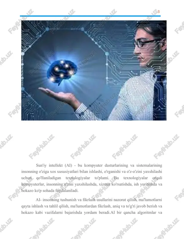 ik yon bermoqda ishlatiladi. ovqatlantiruvchi robotlar restoranlarda ishlashi uchun ham foydalaniladi. · o'qitish: si o'quv jarayonini avtomatlashtirish uchun ham ishlatiladi. virtual o'qituvchilar, test platformalar, ma'lumot analitikasi kabi vositalar orqali o'qitish jarayonida foydalaniladi. sun'iy intellekt, yoki ai (artificial intelligence), texnik vositalar va dasturlar orqali insonlar kabi fikr va munosabatlarni o'rganish, tahlil qilish va bajarishga qodir bo'lgan kompyuter sistemalarini ifodalaydi. bu turlar quyidagi bo'limlarga bo'linadi. 1. quyi darajali suniy intellekt: bu turdagi suniy intellekt dasturlarida avtomatik topshiriqni bajarish, ma'lumotlarni o'qish va ma'lumotlarga asoslangan analitika ishlarni bajargan rezident (xosting) kompyuterlar ishlatiladi. 2. o'rta darajali suniy intellekt: bu turdagi suniy intellekt dasturlarida yuqori darajadagi amalga oshirish va muammolarni hal qilishni o'z ichiga olgan rezident kompyuterlar ishlatiladi. 3. yuqori darajali suniy intellekt: bu turdagi suniy intellekt dasturlarida odamlarning jamiyatda uzoq muddatli natijalar bilan muomalalarni hal qilish, yangiliklarni tahlil qilish, so'zlashuvlar va kommunikatsiya jarayonlarini o'tkazish va boshqa yuqori darajadagi ilmiy faoliyatni bajargan rezident kompyuterlar ishlatiladi. 4. …