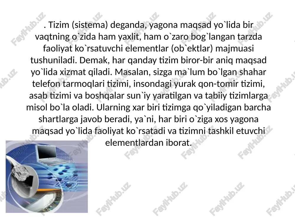 arni yig‘ish, qayta ishlash, saqlash va tahlil qilishga xizmat qiluvchi axborot-tahliliy quyi tizimlar; - elektron hujjat almashinuvining quyi tizimlari; - hujjatlarning elektron arxivini boshqarishga doir quyi tizimlar; - ekspluatatsiyani boshqarish(infratuzilma komponentlarini boshqarish tizimlari)ga oid quyi tizimlar; - davlat organi to‘g‘risida internet yoki boshqa kanallar orqali axborot yetkazish, jismoniy va yuridik shaxslar o‘rtasidagi o‘zaro aloqani ta’minlaydigan quyi tizimlar; - axborot xavfsizligini ta’minlaydigan quyi tizimlar; - hujjat tayyorlash va axborot almashish maqsadida davlat organi xodimlari tomonidan foydalaniladigan idoraviy quyi tizimlar texnologiya so'zi grekchadan tarjima qilinganda san'at, ustalik, malaka ma'nosini anglatadi. texnikada texnologiya deganda ma'lum kerakli material mahsulotni hosil qilish uchun usullar, metodlar va vositalar yig'indisidan foydalanadigan jarayon tushuniladi. texnologiya ob'ektining dastlabki, boshlang'ich holatini o'zgartirib, yangi, oldindan belgilangan talabga javob beradigan holatga keltiradi axborot texnologiyasi - bu axboriy ma'lumotni bir ko'rinishdan ikkinchi, sifat jihatidan yangi ko'rinishga keltirish, axborotni yig'ish, qayta ishlash va uzatishning usul va vositalari majmuasidan foydalanish jarayonidir. moddiy ishlab chiqarishda turli …