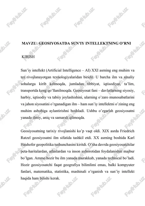 llekt geosiyosatni yanada ilmiy va texnik sohaga aylantirmoqda. 1. sun’iy intellekt nima va uning asoslari sun’iy intellekt (artificial intelligence – ai) – bu kompyuterlarning inson tushunchasiga o’xshash qobiliyatga ega bo’lishi, ya’ni murakkab masalalarni hal qilishi, katta miqdordagi ma’lumotlarni tahlil qilishi, o’z-o’zini o’rganishi, yangi vaziyatlarga moslashishi va qarorlar qabul qilishidir. sun’iy intellekt asosida funksiya, statistika, kompyuter fanlari, psixologiya va neyrobiologiya yotadi. sun’iy intellekt faqat bir programma emas, balki ko’plab texnologiyalar va metodlarning kombinatsiyasidir. sun’iy intellekt tarixiy rivojlanishi qiziqarli. 1950-yilda alan turing “computing machinery and intelligence” nomli maqolavni nashr qildi. unda u shuni taklif qildi – agar kompyuter insoni aldatib qo’ya olsa, demak u intelligent deyiladi. bu turing testi deyiladi va hozirham muhim. 1956-yilda dartmouth konferensiyasida sun’iy intellekt fani rasmiy ravishda asos solingan. 1974-1980-yillarda sun’iy intellektning birinchi “qish” (ai winter) deyilgan davri bo’ldi, ya’ni son’iy intellekt umidlarini uyarmada qoldi. 1980-1990-yillarda expert systems vositasida sun’iy intellekt qayta o’rsatildi. 1997-yilda deep blue shaxmat mashinasi …