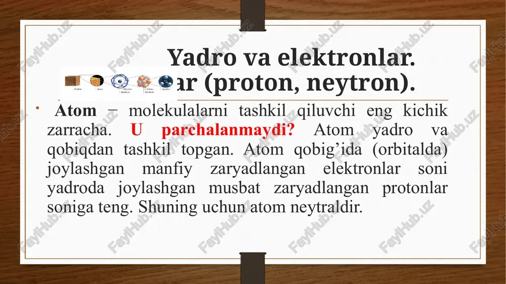 n− β0+1 yadroda joylashgan, zaryadi +1, massasi 0. pozitroniy tuzilishi. elektron va pozitron umumiy massa markazi atrofida aylanadi . elektron− β0-1 (e0-1) manfiy zaryadlangan yadro atrofidagi orbital bo’ylab katta tezlikda harakatlanuvchi zarrachalar. massasi proton massasining 1/1838 qismiga yoki 0 ga teng. atom qobig’idagi elektronlar soni atom yadrosidagi protonlar soniga teng. protonlar soni =yadro zaryadi = elektronlar soni = elementning tartib nomeri bu bo’limda keltirilgan kimyoviy simvollar element atomini emas, uning yadrosini belgilaydi. pastki indeks yadro zaryadini (elementning tartib raqamiga mos keladi), yuqorigisi esa massa soni (a) ni ko’rsatadi. izotoplar − bitta elementning yadro zaryadlari bir xil, lekin massa sonlari turlicha bo’lgan atomlar turlaridir. izotoplarda protonlar soni bir xil, neytronlar soni har xil bo’ladi. izotoplar bir biridan massa sonlari bilan farq qiladi. masalan: h11; h21; h31 p =1;1;1 e= 1;1;1 n=0;1;2 izobarlar− yadro zaryadlari har xil, lekin proton va neytron yig’indisi bir xil, ya’ni massa soni bir xil bo’lgan atomlar turkumi. …