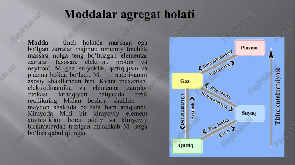 qori temperatura va past bosimdagi gazlarga klapeyron tenglamasini tatbiq qilish mumkin. bosim juda yuqori va temperatura juda past boʻlgan sharoitda van-der-vaals tenglamasi r + -jkw ‘ b) = f rt tatbiq qilinadi. bunda pi = -^g — molekulalarning oʻzaro taʼsiridan paydo boʻlgan ichki bosim, — molekulalarning xususiy hajmi; a — berilgan gazlar uchun oʻzgarmas kattalik. van-der-vaals tenglamasiga boʻysunuvchi gazlar real gazlar deyiladi. normal sharoitda gazlarda issiqlik oʻtkazuvchanlik, diffuziya hodisalari va boshqa ichki hodisalar kuzatiladi. bu hodisalar molekulalarning doimo tartibsiz harakati va bir-biri bilan toʻqnashuvi natijasidir normal sharoitda gazlar oʻzidan elektr toki oʻtkazmaydi, lekin bosim va temperaturaning oʻzgarishi bilan gazlarning bu xususiyati oʻzgaradi. har qaysi real gaz oʻziga xos kritik temperatura (tk) gacha sovitilganda suyuqlikka aylanadi. mas, suv uchun tk=374,2°k, shunda suv bugʻ holatida, kislorod uchun tk=91,14°k, shunda u gaz holatida boʻladi va h.k. gazlar gazlarning barcha turlari moddiy dunyoning ham energetik boshqaruvchisidir, chunki kislorod-azot gazlar aralashmasi yoqilgʻilarni (ichki energiyasi moʻl …