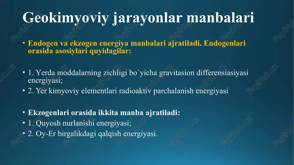 a boshqalar ajratiladi. magmada umumiy hajmiga nisbatan 12-15 % uchuvchi elementlar mavjud bo`ladi. uchuvchi elementlar orasida h2o va co2 yaqqol ko`pchilikni tashkil etadi. kam miqdorda h2, co, f2, cl2, hf, hcl, nh3, ch4, h2s, bo3 uchraydi. suvli flyuidlar bilan asosan ishqorli va nordon magmalar (umumiy hajmning 10-14 %), bazit va ultrabazit magmalar karbonat kislotali flyuidlar bilan ko`proq boyigan bo`ladi. magma kimyoviy tarkibi xilma-xilligi sabablari. magma kimyoviy tarkibi xilma-xilligi asosiy sabablari quyidagilar: 1. magmaning turli chuqurlarda hosil bo`lishi; 2. magma hosil bo`lish o`chog`ida substratning turli fraksion erishi; 3. magma aralashuvi; 4. qo`shilgan tog` jinslar assimlyasiyasi; 5. magmatik differensiasiya. chuqurga tushgan sari tog` jinslari kimyoviy va mineral tarkibi o`zgaradi. shu sababli ulardan turli tarkibli magma hosil bo`ladi. yu.p.masurenkov malumotlariga ko`ra bazalt vulkanlar hosil bo`lish chuqurligi 30-70 km (asosan mantiyada), andezitlariniki– 15-35 km (quyi po`st), dasit va riolitlarniki – 5-15 km (yuqori po`st). substrat jinslari magma hosil bo`lish jarayonida to`liq erimaydi. erish darajasi …
