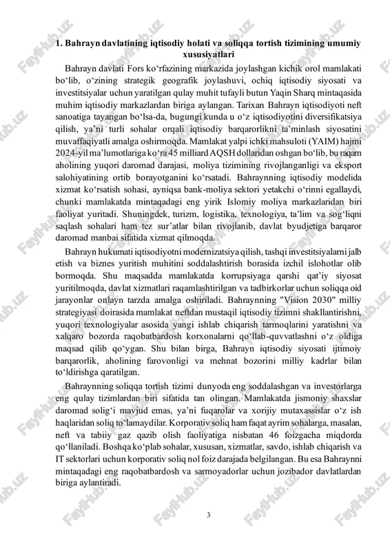 lgan. shuningdek, bahrayn bojxona to‘lovlari, litsenziya yig‘imlari va turizm to‘lovlari orqali davlat daromadlarini shakllantiradi. soliq siyosati xalqaro miqyosda ham shaffof va ochiq bo‘lib, bahrayn oecd (iqtisodiy hamkorlik va taraqqiyot tashkiloti)ning soliq sohasidagi xalqaro standartlariga moslashgan holda faoliyat yuritadi. mamlakat “zararli soliq raqobati” siyosatidan butunlay voz kechgan va xalqaro soliq axborot almashinuvi tizimlariga qo‘shilgan. bu esa bahraynning xalqaro miqyosda ishonchli moliyaviy markaz sifatidagi obro‘sini yanada mustahkamlaydi. umuman olganda, bahrayn davlatining iqtisodiy holati barqaror, soliqqa tortish tizimi esa zamonaviy, soddalashtirilgan va investorlar uchun nihoyatda jozibali shaklda tashkil etilgan. bu tizim iqtisodiy o‘sish, xorijiy kapital oqimini jalb etish va xalqaro bozorlarda mamlakatning raqobatbardoshligini ta’minlashda muhim omil hisoblanadi. shu sababli bahrayn bugungi kunda nafaqat fors ko‘rfazi mintaqasida, balki global moliyaviy tizimda ham o‘ziga xos o‘rin egallagan mamlakat sifatida e’tirof etiladi. 2. bahraynning xalqaro soliqqa tortish siyosati va xorijiy investitsiyalar uchun yaratilgan imtiyozlar bahrayn davlatining xalqaro soliqqa tortish siyosati mintaqada eng ochiq, moslashuvchan va investorlar …