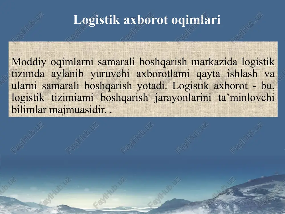 baholash uchun zarur bo‘lgan har xil texnik vositalar va dasturlar ta’minlaydi. logistik axborot tizimining moddiy-texnologik bazasi quyidagilarni ta’minlaydi: - logistik axborot tizimining ishini muvofiqlashtirish va integratsiyalash; - daromadlar, xarajatlar, byudjet moddalarining bajarilishi haqidagi axborotlarning tezligi va uzluksizligini; - xatolar sonini kamaytirish va logistik operatsiyalarni bajarish paytida bugungi kundagi erkin raqobat sharoitida logistik axborot tizimlari quyidagi masalani yecha olishni ta’minlashi kerak: - logistik talablarni rejalashtirish; - boshqaruv nazorati; - yechimlaming tahlili; - yetkazib berish zanjirining integratsiyalashgan boshqaruvini ta’minlash. logistikaning axborot texnologiyalarini asosan quyidagilar tashkil etadi: - ma’lumotlaming elektron almashuvi; - aloqa vositalari; - aloqa kommunikatsiyalari; - internet; - pochta; - shtrix yordamida kodlash; - integrallashgan logistikani qoilab quvvatlash. yo’lovchilarni tashishda logistik axborot texnologiyalari. logistik texnologiyalar nafaqat moddiy oqimlar, balki yo‘lovchilar oqimini boshqarishda ham katta samara beradi. bu masalalami samarali hal etish uchun, birinchi galda aholini transportga ehtiyojining axborot modeli ishlab chiqilgan bo‘lishi kerak. aholini transportga ehtiyojining axborot modeli transport tarmog'ini tanlash …