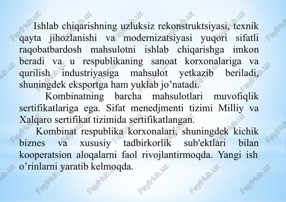 arni boshqarishning zamonaviyuslublarnijoriy etish; to’rtinchidan,metallurgiya mahsulotlarini, butlovchi buyum va materiallarni ishlab chiqarishni mahalliylashtirilishini kengaytirish tuzilmasini maqbullashtirish va tovar va xizmatlar importini qisqartirish maqsadida; beshinchidan,muhandis-texnik va boshqaruv kadrlarining malakasini oshirishni, qayta tayyorlashni tashkil etish oliy, o’rta maxsus, kasb-hunar ta'lim va ilmiy muassasalar bilan kooperatsiyani kuchaytirish yo’li bilan; oltinchidan,qattiq raqobat sharoitlarida jamiyatning samarali ishini ta'minlashga qodir bo’lgan kasb mahoratining yuqori darajasigaetishda motivatsiyalangan, qobiliyatli, vijdonli va vatanparvar yosh mutaxassislarni jalb etish bo’yicha maqsadli ishlarni olib borishyo’li bilanjamiyatning kadrlar salohiyatini mustahkamlash. mazkur qarorga asosan “o’zmetkombinat” aj qora metall parchalari va chiqindilari lom sotib olish bo’yicha yagona vakolatli organdir, shunga muvofiq o’zbekiston republikasi hududida yig’ilgan metallolom faqat kombinatga topshirilishi lozim. respublikaning lom tanqisligi va qora metall prokati mahsulotiga bo’lgan ehtiyojini qoplash maqsadida kombinat menejmenti metallolom topshirilishini ko’paytirish uchun boshqarishning zamonaviy bozor mexanizmlarini qo’lladi, metallolomga narxni o’z vaqtida oshirish ulardan biridir, hozirgi vaqtda uning narxi bir tonnasi uchun 1 mln.so’mni tashkil etadi (qqs siz), metallolom topshirilishining …