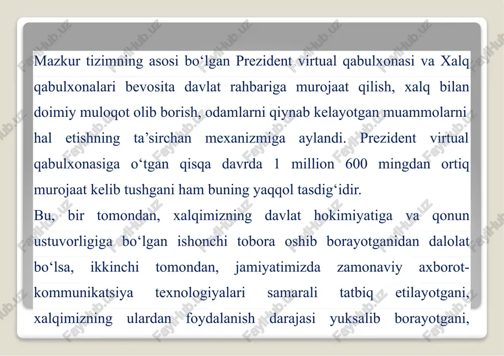 an yili, yashash manzili va hokazo) turli xatoliklar uchrab turardi. natijada, deylik, ayni bir shaxs yuborgan bir nechta murojaatlar tarixini o‘zaro bog‘liqlikda o‘rganishda qiyinchiliklarga duch kelinardi. murojaatchi bilib-bilmay o‘zi haqidagi ma’lumotlarni kiritishda xatoga yo‘l qo‘ysa, tizimda buni aniqlash mexanizmi mavjud emas edi. shu paytgacha har birmurojaatni topish uchun uning raqami, murojaatchining to‘liq ism-sharifi, manzili, mobil telefon raqamini bazaga kiritib, izlash kerak edi. shaxsning barcha yozishmasini bir joyda ko‘rishning iloji yo‘q edi. murojaatchilar esa bir masaladagi turli murojaatlari va ularga yo‘llangan javoblarni, odatda, qog‘ozga chop etilgan holatda saqlaydi. bularning barchasi murojaatchilar uchun ham, murojaatlar bilan ishlashda ham noqulaylik, ortiqcha vaqt va kuch sarflashni taqozo qilib kelayotgan edi. shu paytgacha murojaatchilar yangi murojaat yuborishda personal ma’lumotlarni takroran kiritishi lozim edi. endi murojaatchi o‘z shaxsiy kabinetiga kirib, personal ma’lumotlarni bir marta kiritsa, bo‘ldi– keyingi barcha amallarni bajarishda shu ma’lumotlar tizimga avtomatik yuklanib boraveradi. murojaat yuborish uchun har safar personal ma’lumotlarni yangidan kiritishga zarurat …